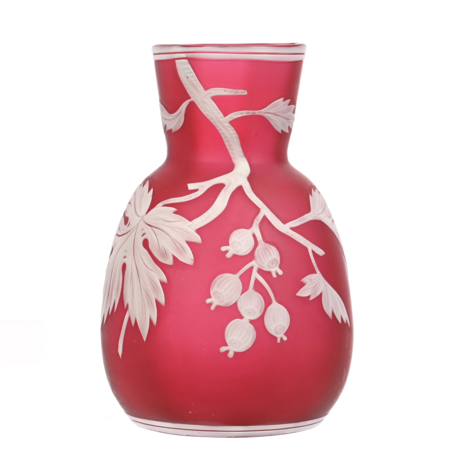 Vase, Unmarked English Cameo Art Glass: Vase, Unmarked English Cameo Art Glass, 4.5" x 3", Cranberry Ground With White Cameo Carved Overlay Of Branch And Berry Decor, CT Private Collection