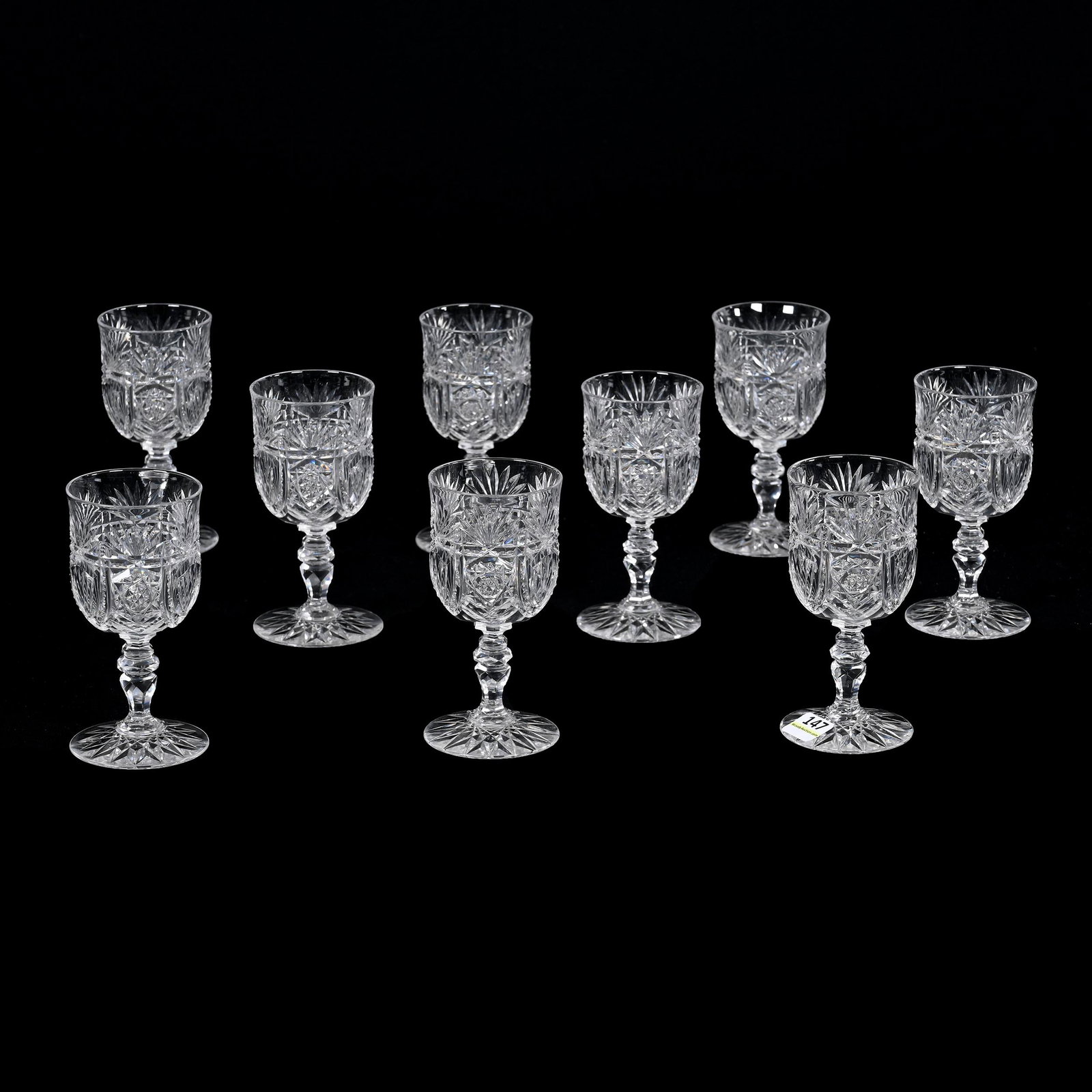 (9) Wine Stems, ABCG, Majestic Pattern By Straus: (9) Wine Stems, American Brilliant Cut Glass, Majestic Pattern By Straus, 5" x 2.5", Hobstar Foot, Gift From Anthony (Tony) Giesen to Ferrum College, VA