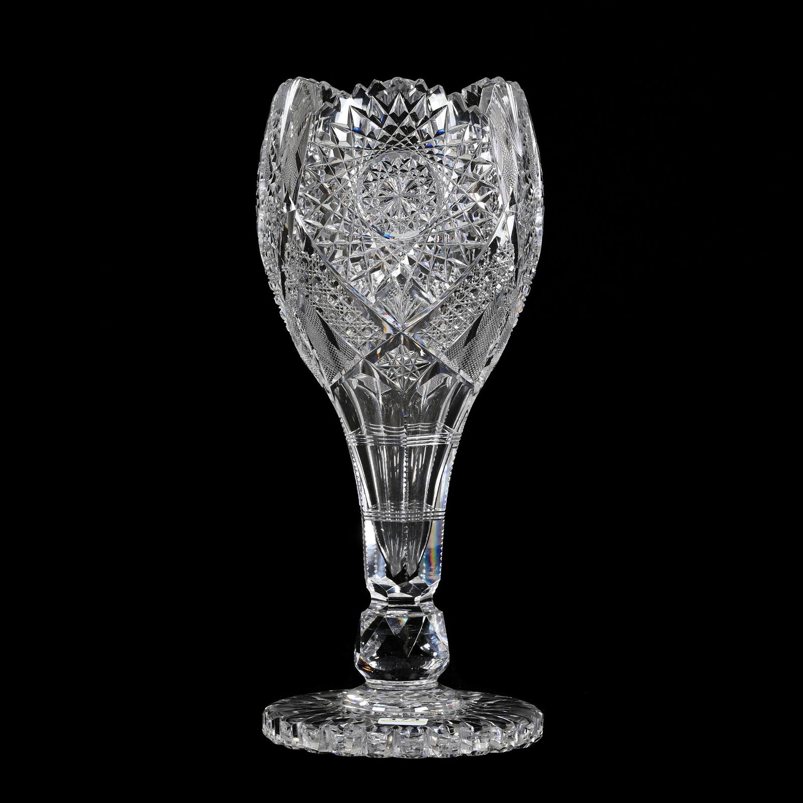 Chalice Vase, American Brilliant Cut Glass: Chalice Vase, American Brilliant Cut Glass, 12" x 5", Hobstar, Strawberry Diamond, Cane And Fan Motif, Facet Cut Ball Stem, Scalloped Hobstar Foot, One Polished Tooth, One Chipped Tooth, Gift From Ant