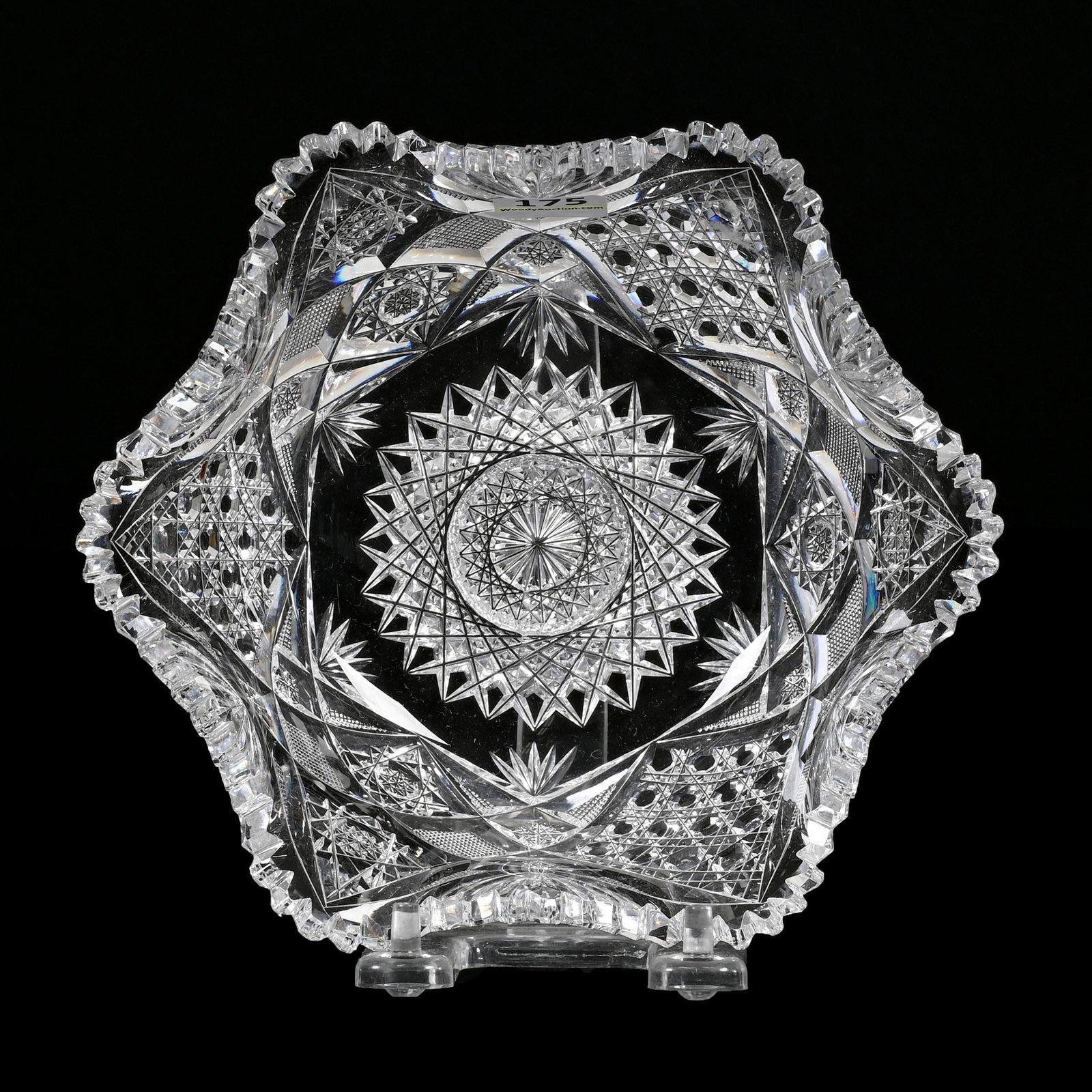 Bowl, Six-Sided, American Brilliant Cut Glass: Bowl, Six-Sided, American Brilliant Cut Glass, 3" x 7", Hobstar, Cane, Strawberry Diamond And Fan Motif, Quality Blank, Gift From Anthony (Tony) Giesen to Ferrum College, VA