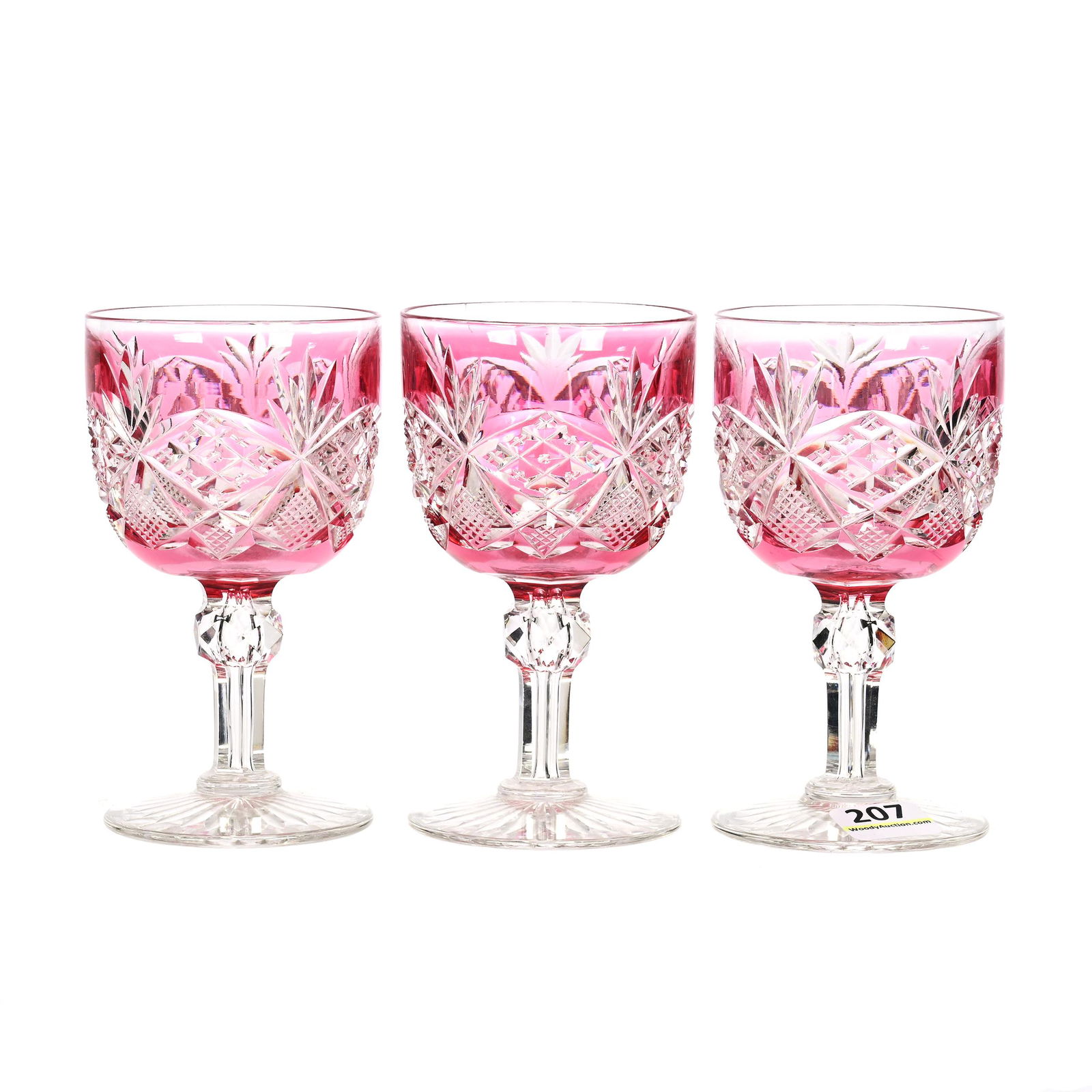 (3) Wine Stems, BPCG, Cranberry Cut To Clear: (3) Wine Stems, Brilliant Period Cut Glass, Cranberry Cut To Clear, 4.5" x 2.5", Crosscut Diamond, Strawberry Diamond And Fan Motif, Ray Cut Foot, Shaded Cranberry Color, One Has Crack On Rim, Private