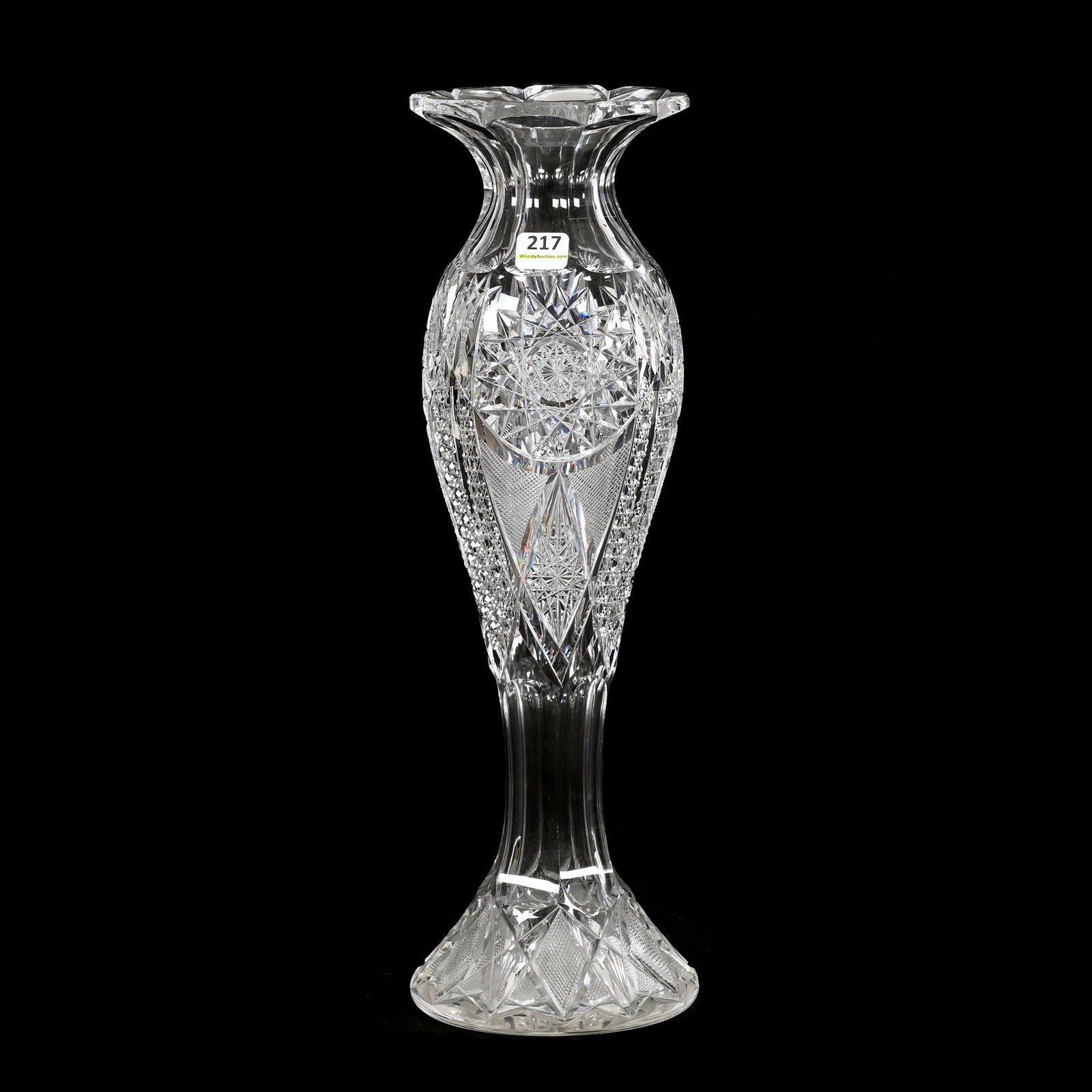 Vase, American Brilliant Cut Glass: Vase, American Brilliant Cut Glass, 16.75" x 5", Hobstar, Cane, Strawberry Diamond, Prism And Fan Motif, Ray Cut Base, Interior Needs Cleaning At Base, Private Collection