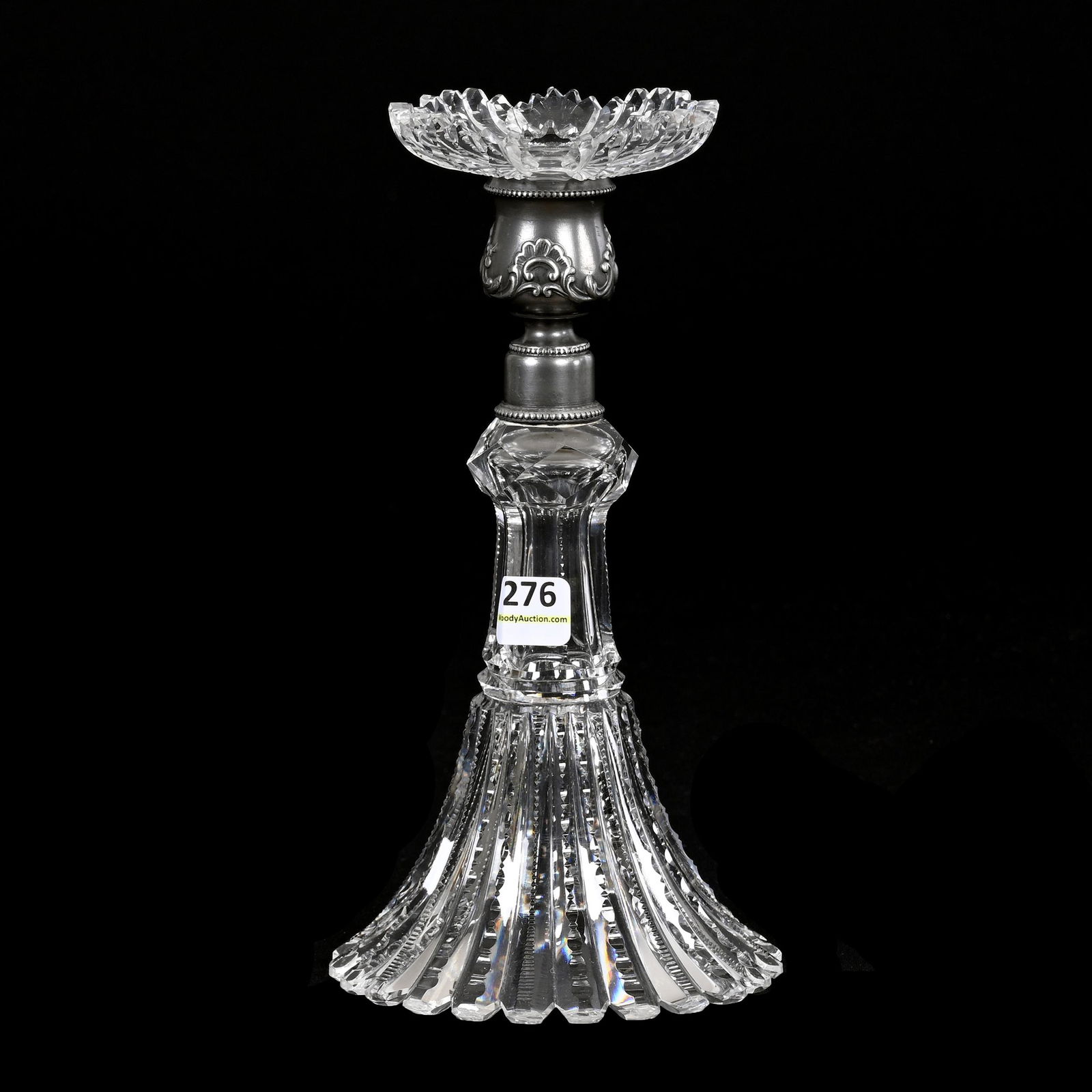 Candlestick, American Brilliant Cut Glass: Candlestick, American Brilliant Cut Glass, 9" x 4.5", Prism Cut With Silverplate Fittings, Skirted Base, Sherman Firsty Collection