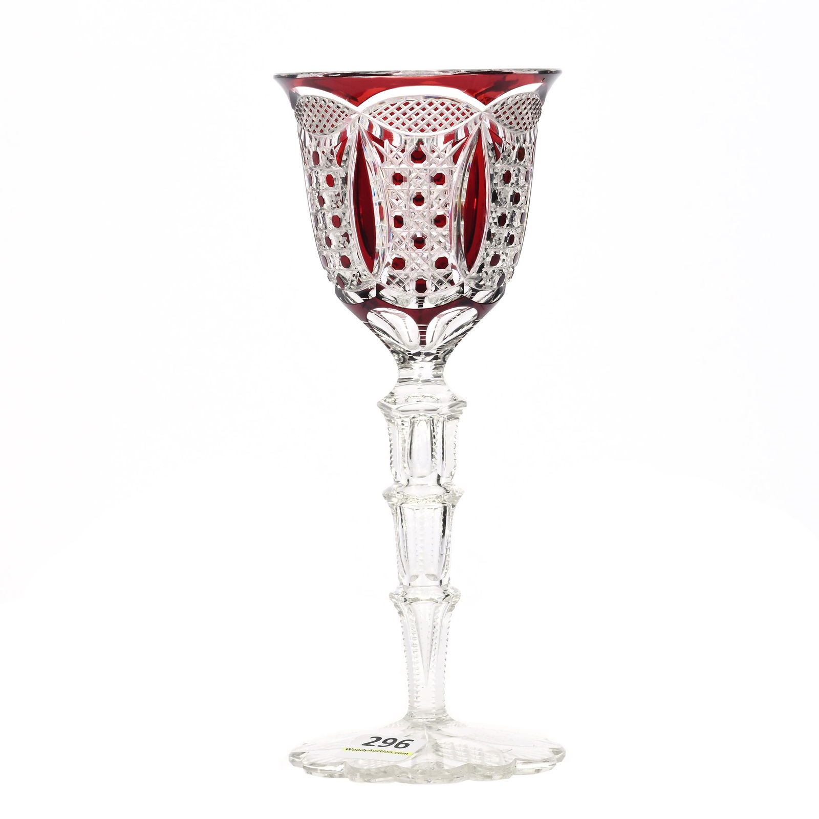Wine Stem, BPCG, Ruby Red Cut To Clear: Wine Stem, Brilliant Period Cut Glass, Ruby Red Cut To Clear, 7.75" x 3.25", Tusk, Cane, Strawberry Diamond And Vesica Motif, Hollow Stem With Pattern Cut Scalloped Foot, Private Collection