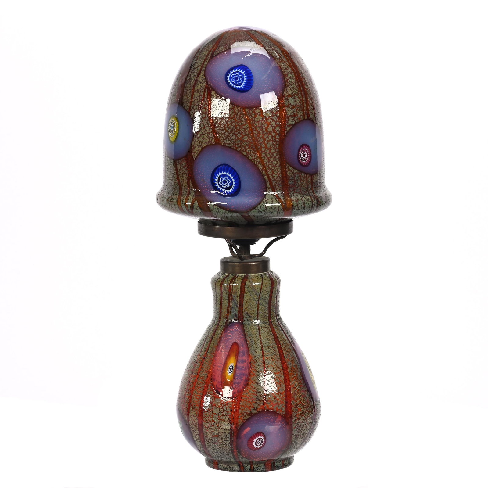 Boudoir Lamp, Art Glass: Boudoir Lamp, Art Glass, 14.5" x 5.5", Cased Iridescent Green And Amber Mottled Ground With Millefiori Highlights, Electrified, Single Bulb, Private Collection