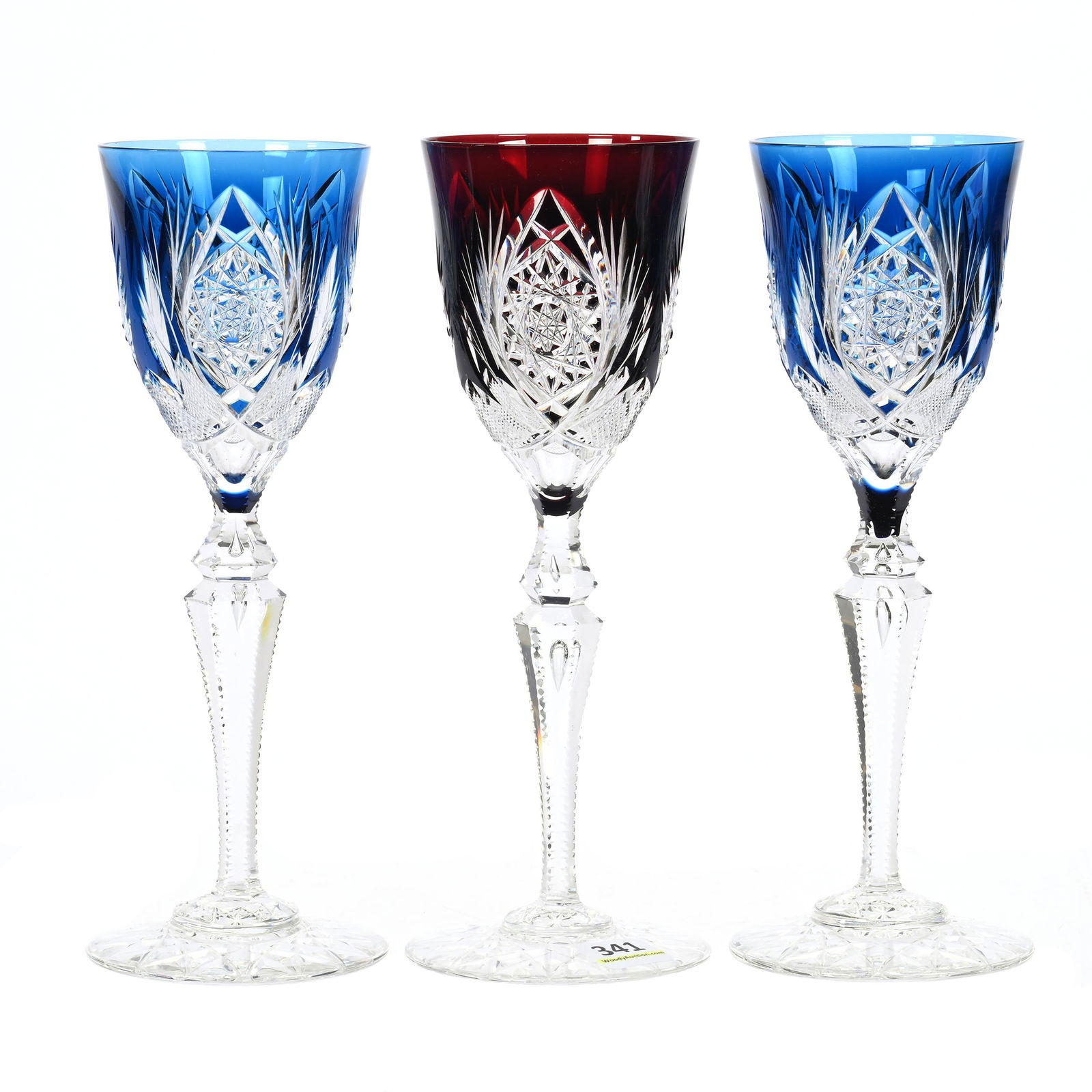 (3) Wine Stems, BPCG, Color Cut To Clear: (3) Wine Stems, Brilliant Period Cut Glass, Color Cut To Clear, 8.5" x 2.75", Elsie Pattern By Val St. Lambert, Ca. 1910, Double Teardrop Stem, Hobstar Foot, (2) Blue, (1) Ruby, Private Collection