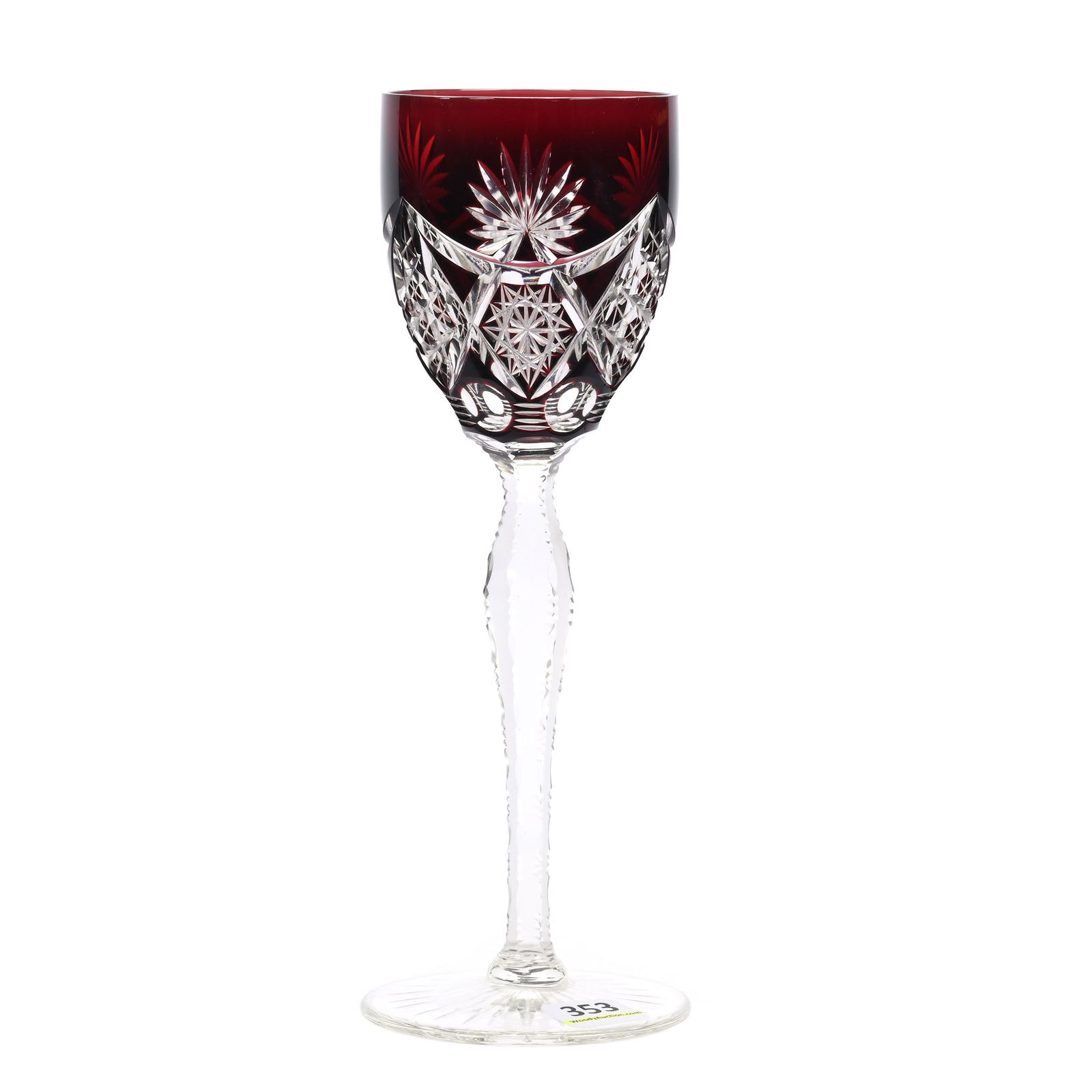 Wine Stem, BPCG, Ruby Red Cut To Clear: Wine Stem, Brilliant Period Cut Glass, Ruby Red Cut To Clear, 8.5" x 3", Hobstar, Star Button, Bullseye And Fan Motif, Notched Stem, Ray Cut Foot, Private Collection