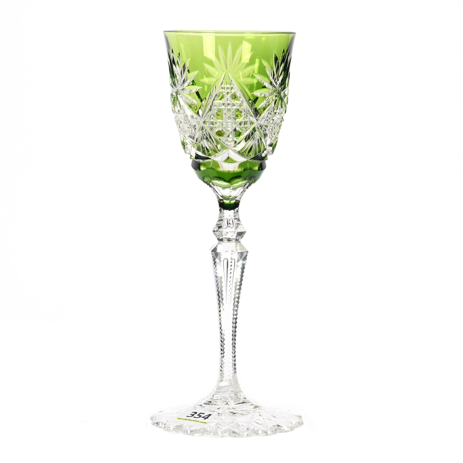 Wine Stem, BPCG, Green Cut To Clear: Wine Stem, Brilliant Period Cut Glass, Green Cut To Clear, 8.5" x 3.25", Verdi Pattern By Val St. Lambert, Ca. 1908, Double Teardrop Stem, Scalloped Hobstar Foot, Private Collection