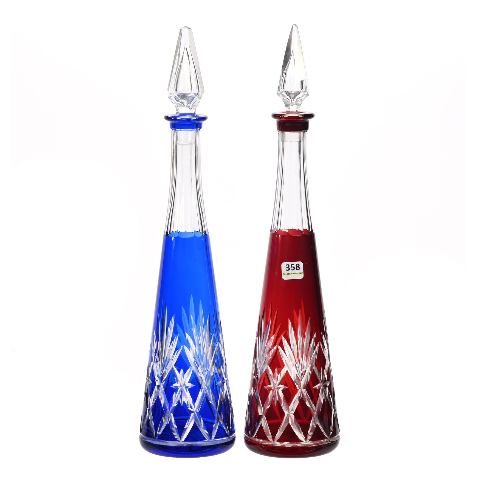 Pair Pyramid Decanters, BPCG, Color Cut To Clear (1 of 3)