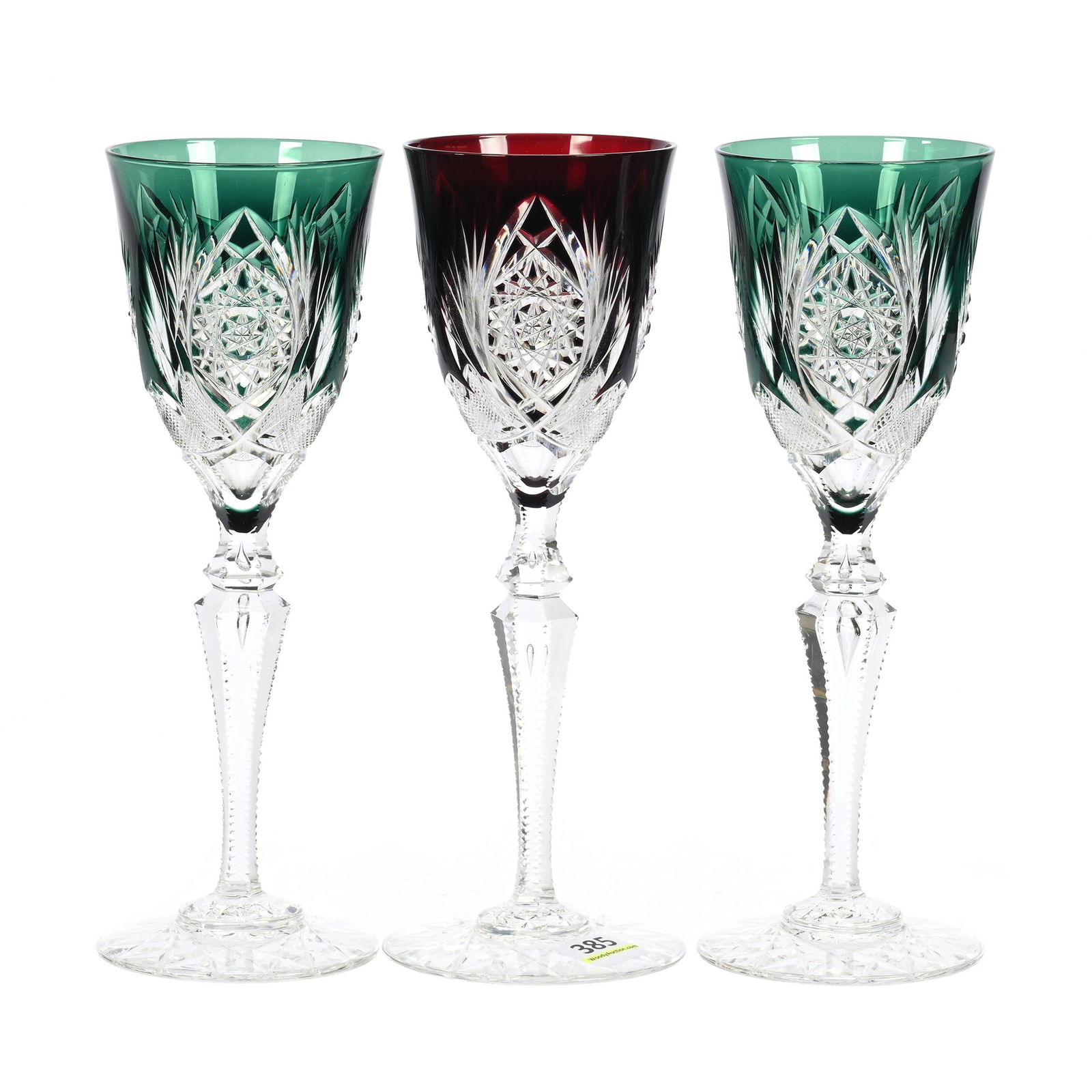 (3) Wine Stems, BPCG, Color Cut To Clear: (3) Wine Stems, Brilliant Period Cut Glass, Color Cut To Clear, 8.5" x 3", Elsie Pattern By Val St. Lambert, Circa 1910, Double Teardrop Stem, Hobstar Foot, (2) Emerald Green, (1) Ruby Red, Private Co