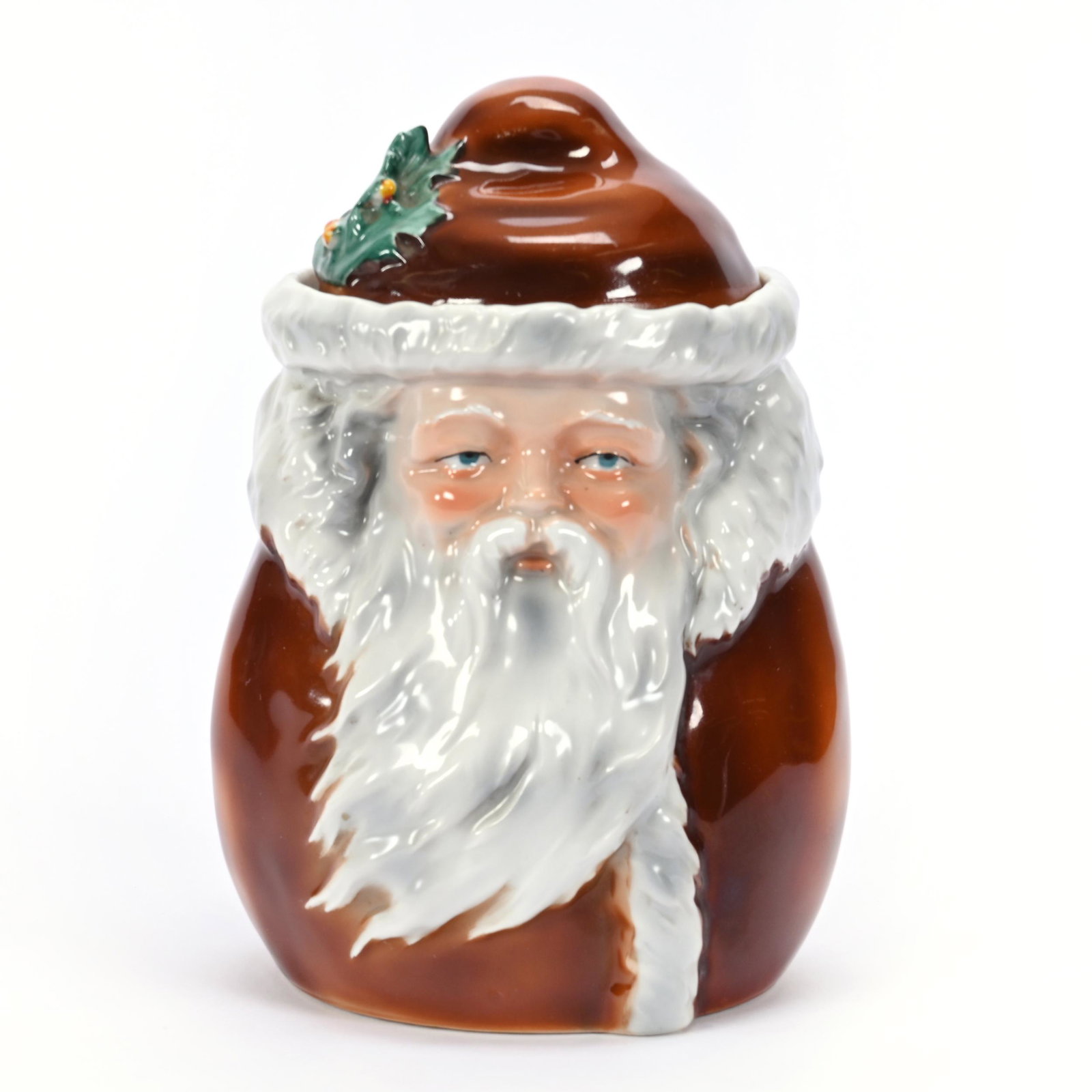 Humidor, Royal Bayreuth Blue Mark, Brown Santa: Humidor, Royal Bayreuth Blue Mark, Brown Santa, 7.5" x 5.25", Extremely Rare! Has Small Rim Chip & Hairline On Sponge Holder Under Lid, Sally Siegrist Estate, Indiana