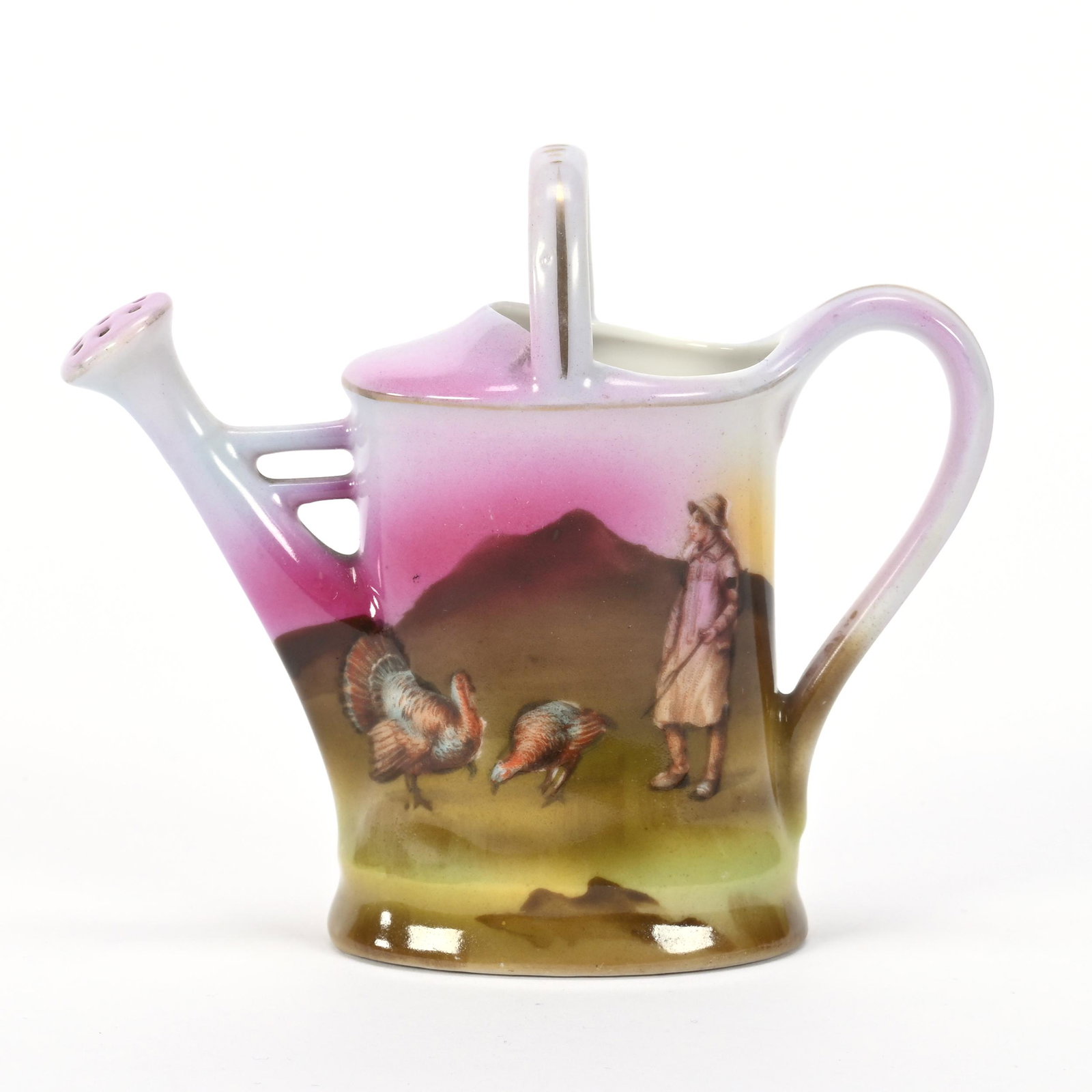 Watering Can, Unmarked Royal Bayreuth, Man & Turkey: Watering Can, Unmarked Royal Bayreuth, Man & Turkey, 3.5" x 4", Miniature - Pink, Green & Yellow Tones, Personal Collection of Mary McCaslin, Author Of "Royal Bayreuth A Collectors Guide".