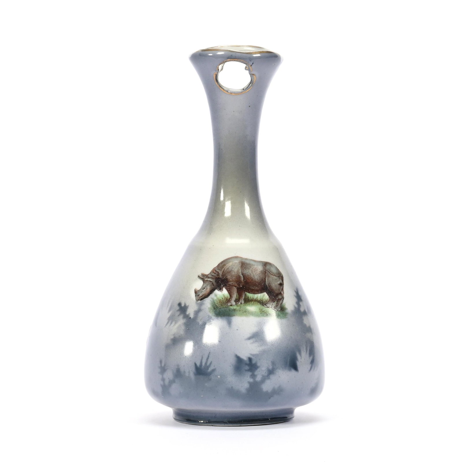 Vase, Unmarked Royal Bayreuth, Rhinoceros Decor: Vase, Unmarked Royal Bayreuth, Rhinoceros Decor, 7" x 3.25", Blue Gray Tones With Embossed Portrait Of Woman On Reverse, Personal Collection of Mary McCaslin, Author Of "Royal Bayreuth A Collectors Gu