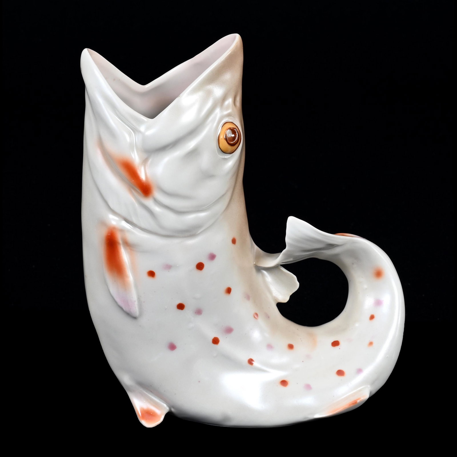 Pitcher, Royal Bayreuth Blue Mark, Standing Trout: Pitcher, Royal Bayreuth Blue Mark, Standing Trout, 7.5" x 6.25", Water Pitcher, White, Lavender And Rust Satin Finish, Personal Collection of Mary McCaslin, Author Of "Royal Bayreuth A Collectors Guid