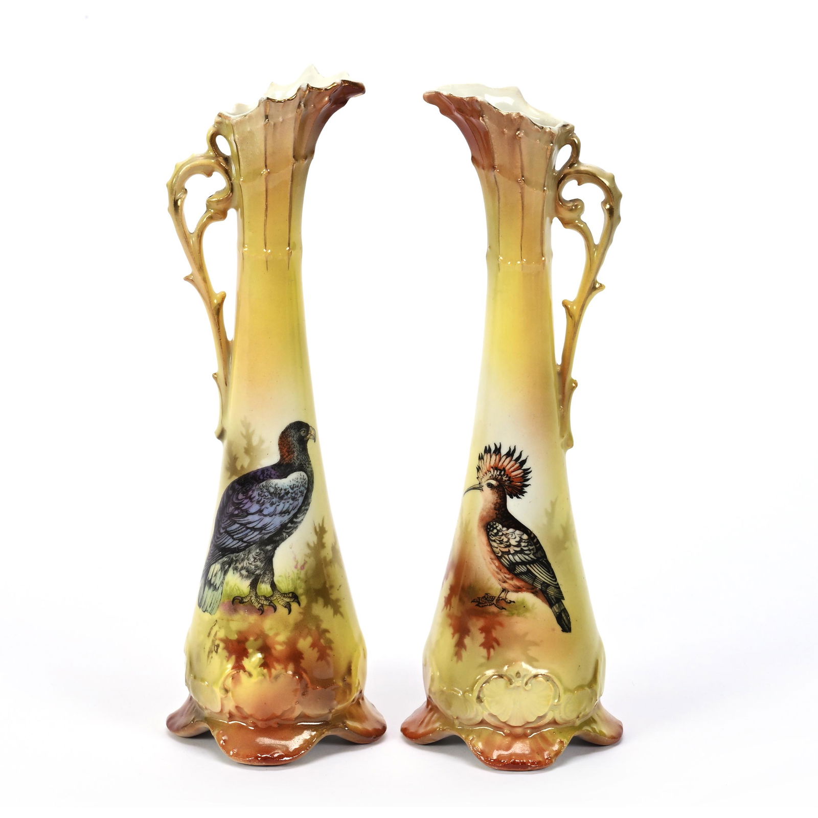 Pair Ewers, Unmarked Germany, Bird Scenic Decor (1 of 3)