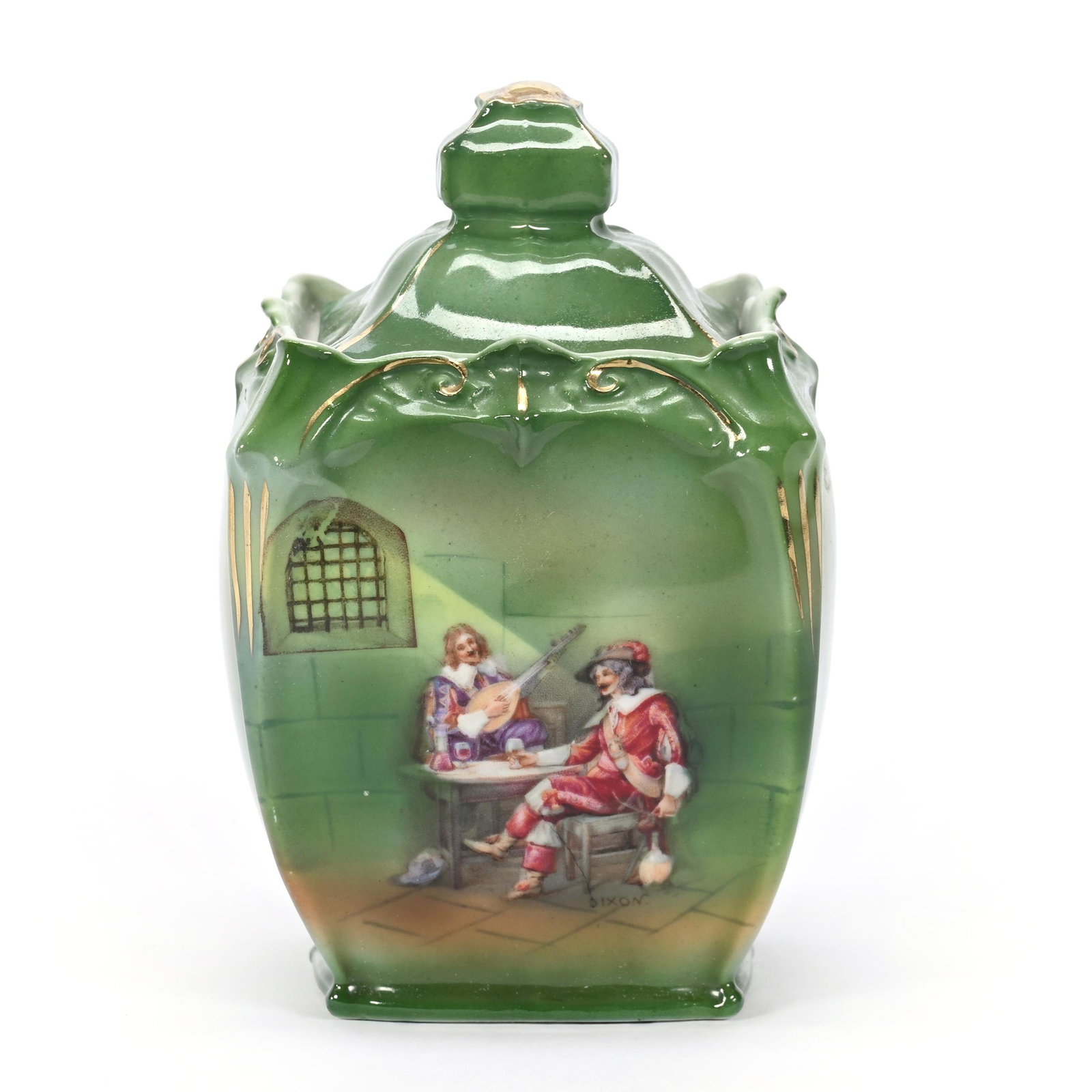 Humidor, Royal Bayreuth Blue Mark, Cavaliers: Humidor, Royal Bayreuth Blue Mark, Cavaliers, 5" x 3.25", Small Humidor, Cavaliers In Taverns Scenic Decor, Green Tones, Personal Collection of Mary McCaslin, Author Of "Royal Bayreuth A Collectors Gu