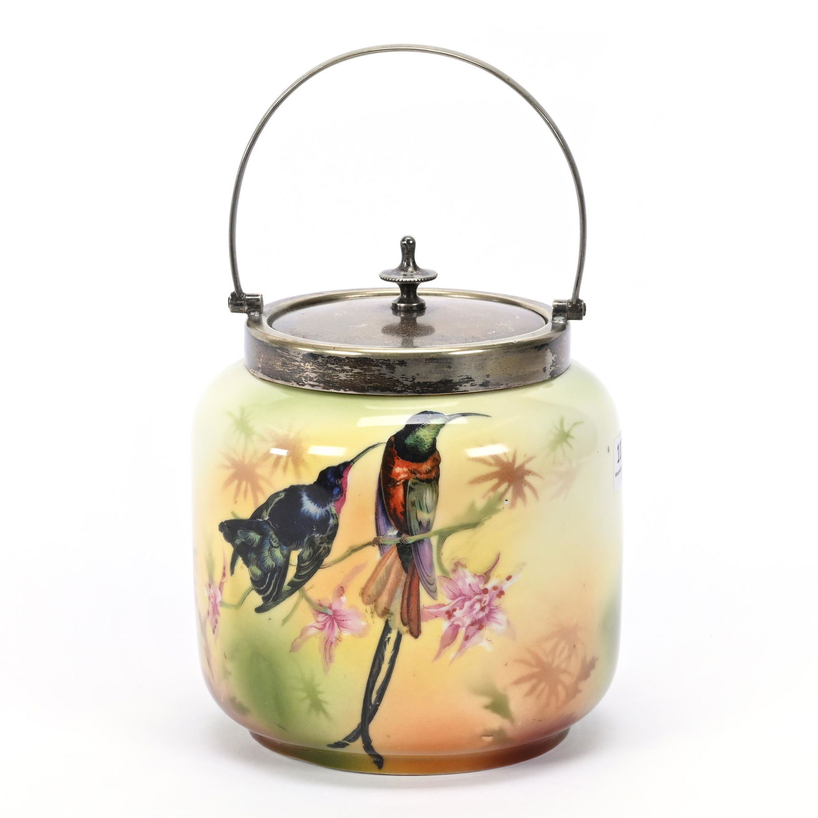 Biscuit Jar Marked Schwartzburg, Double Scene: Biscuit Jar Marked Schwartzburg, Double Scene, 6.5" x 5.5", Hummingbirds And Parrot Decor, Silverplate Lid And Bail, Has Original Jewelers Label "Stuart Dawson Company, Christ Church, New Zealand", Pe