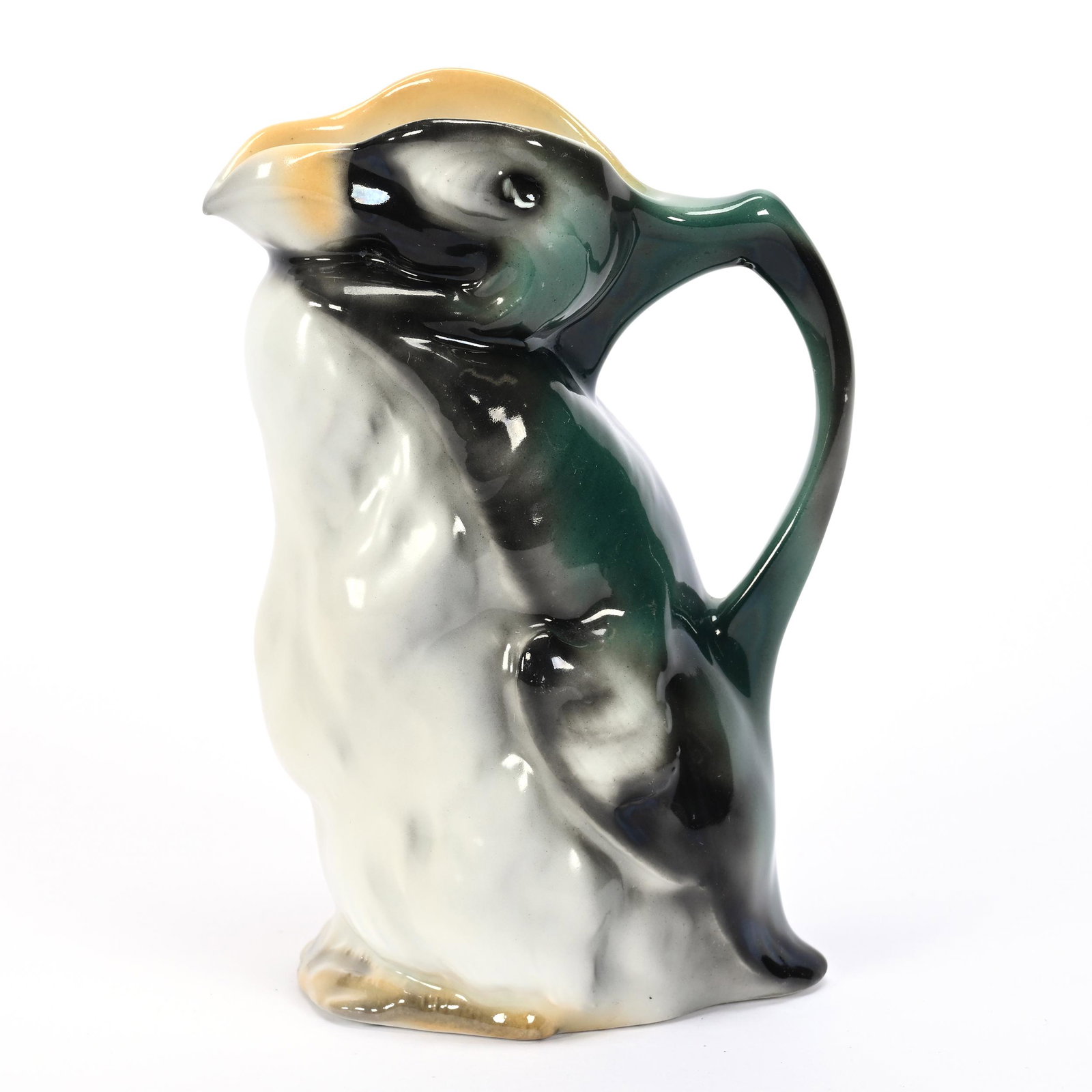 Milk Pitcher, Unmarked Royal Bayreuth, Penguin/Puffin: Milk Pitcher, Unmarked Royal Bayreuth, Penguin/Puffin, 5.75" x 3.75", Green, Black And Gray Tones, Personal Collection of Mary McCaslin, Author Of "Royal Bayreuth A Collectors Guide".