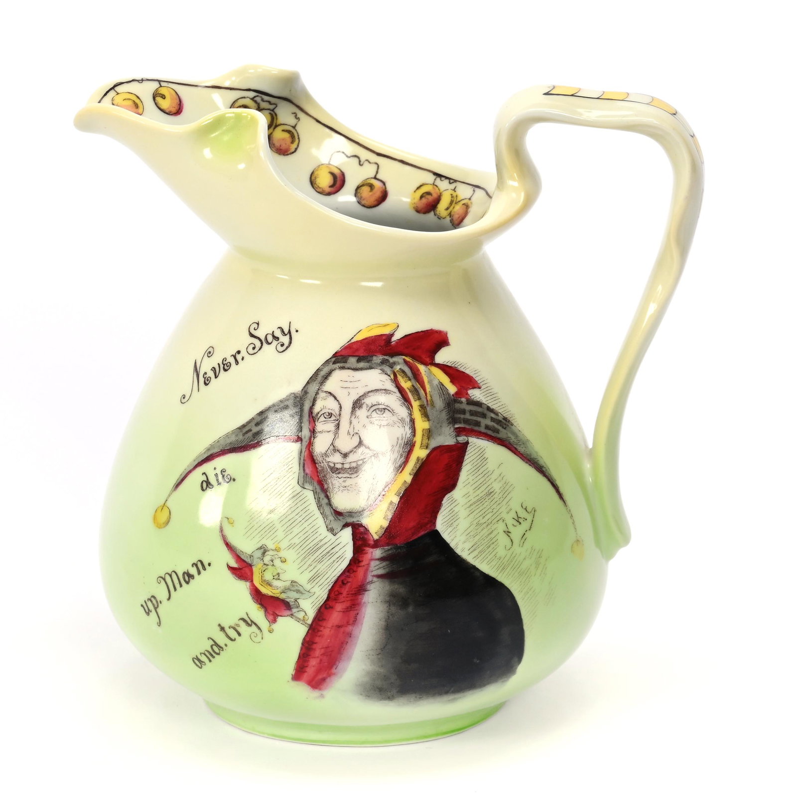 Pitcher, Royal Bayreuth Blue Mark, Jester: Pitcher, Royal Bayreuth Blue Mark, Jester, 7" x 6.75", "Never Say Die. Up Man And Try", Il Private Collection