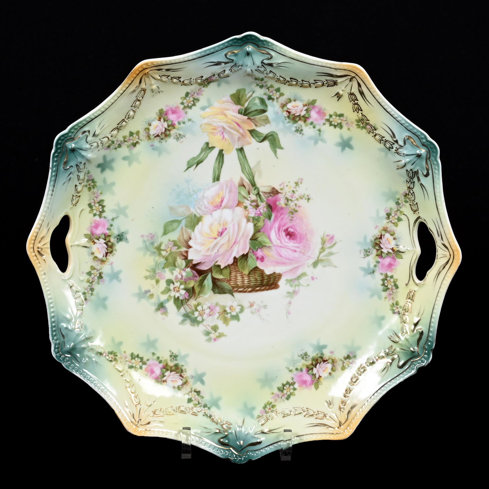 Cake Plate Marked R.S. Prussia, Swag & Tassel Mold: Cake Plate Marked R.S. Prussia, Swag & Tassel Mold, 10.25", Green, Yellow And Cream Tones, Hanging Basket Decor, Carol & Lee Maple Collection, CA