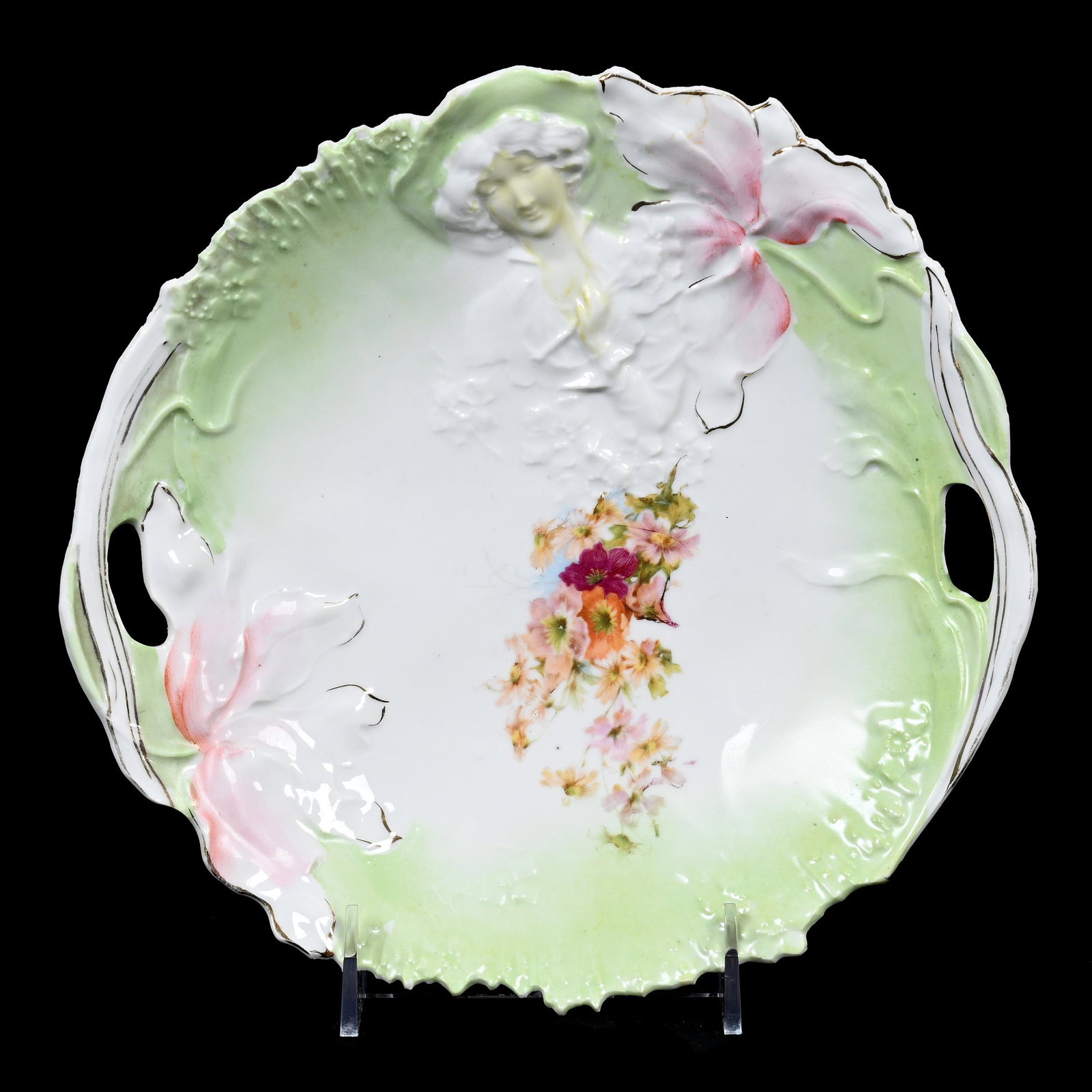 Cake Plate, Unmarked Prussia, Hidden Image Mold: Cake Plate, Unmarked Prussia, Hidden Image Mold, 9.5", Rare Mold - Hidden Image Has Hat, White And Green Tones, Floral Decor, Light Rim Chips, Carol & Lee Maple Collection, CA