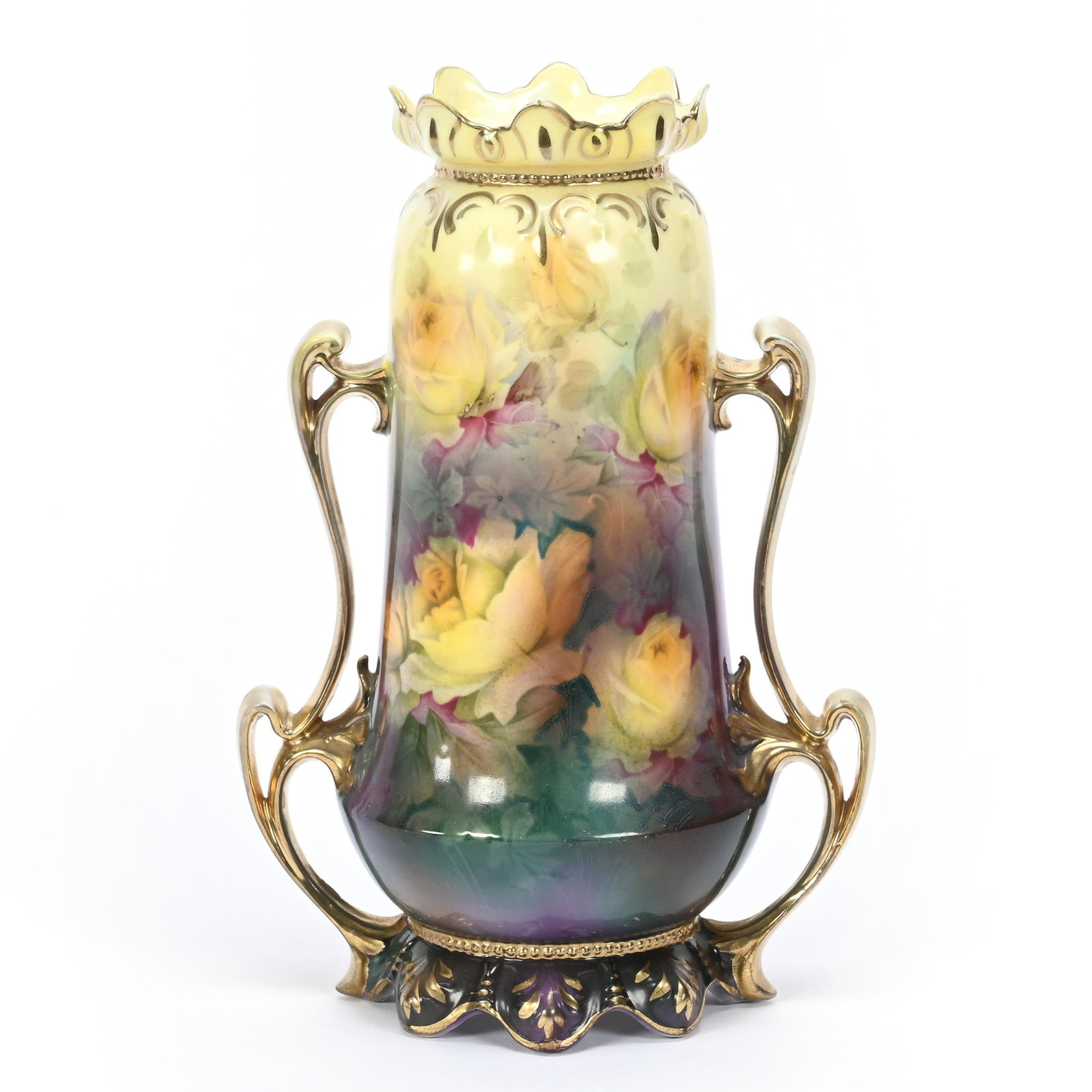 Vase Marked Royal Prussia, Two Handles: Vase Marked Royal Prussia, Two Handles, 9.75" x 6.5", Yellow, Green And Lavender Tones, Yellow Rose Decor, Carol & Lee Maple Collection, CA