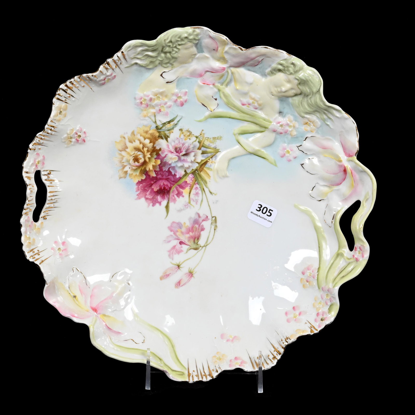 Cake Plate, Unmarked Prussia, Double Hidden Image: Cake Plate, Unmarked Prussia, Double Hidden Image, 11.75", Blue And White With Floral Decor, Carol & Lee Maple Collection, CA