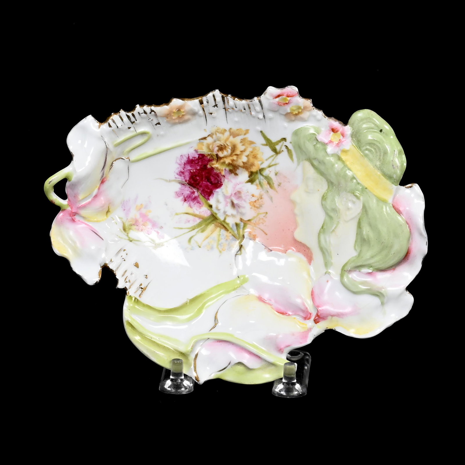 Pin Tray, Unmarked Prussia, Hidden Image Mold: Pin Tray, Unmarked Prussia, Hidden Image Mold, 6.75" x 5.25", White And Pink Tones, Floral Decor, Carol & Lee Maple Collection, CA