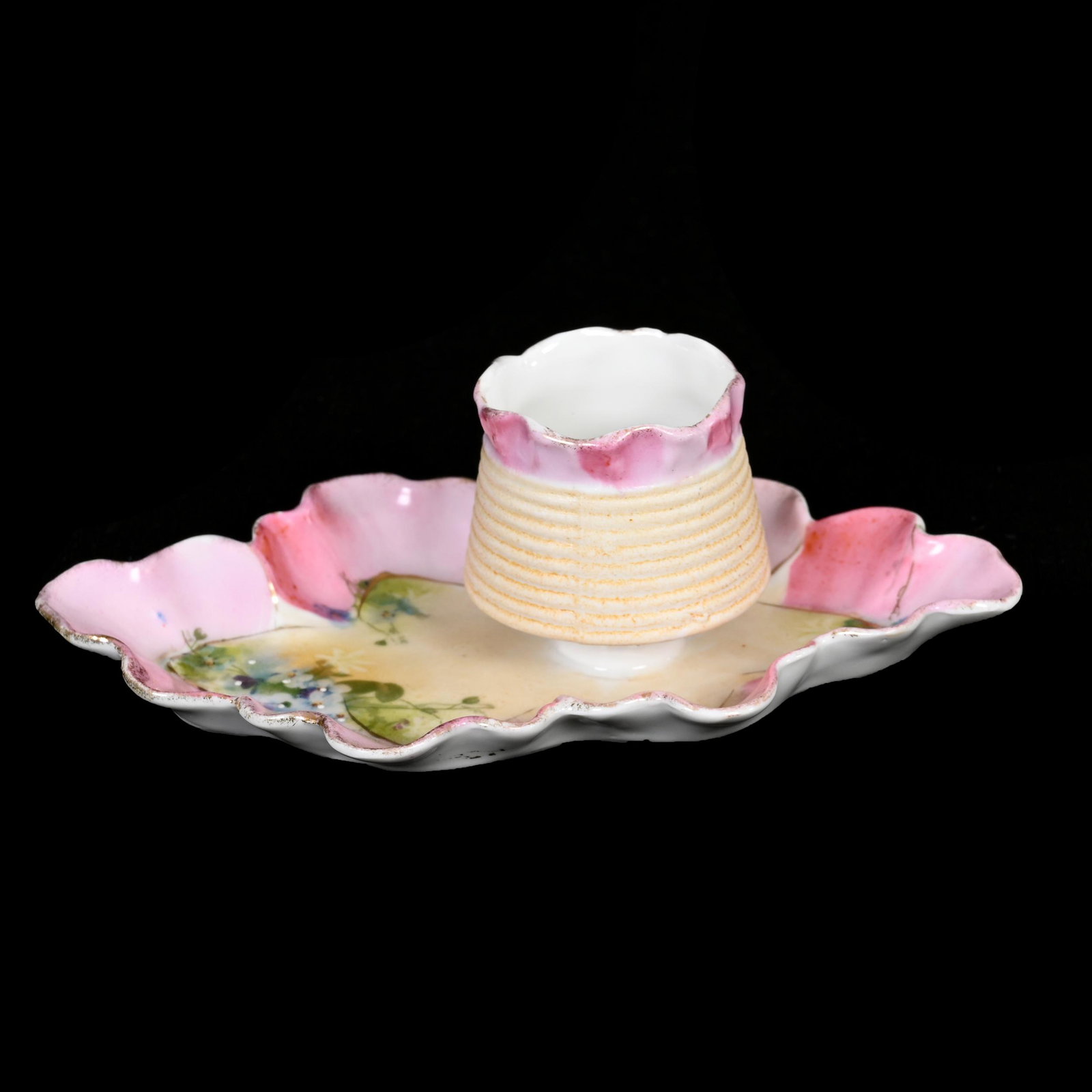 Match Holder/Striker, Attached Tray, Prussia: Match Holder/Striker, Attached Tray, Prussia, 1.75" x 5.5", Pink And Cream Tones, Floral Decor, Unmarked Prussia, Carol & Lee Maple Collection, CA