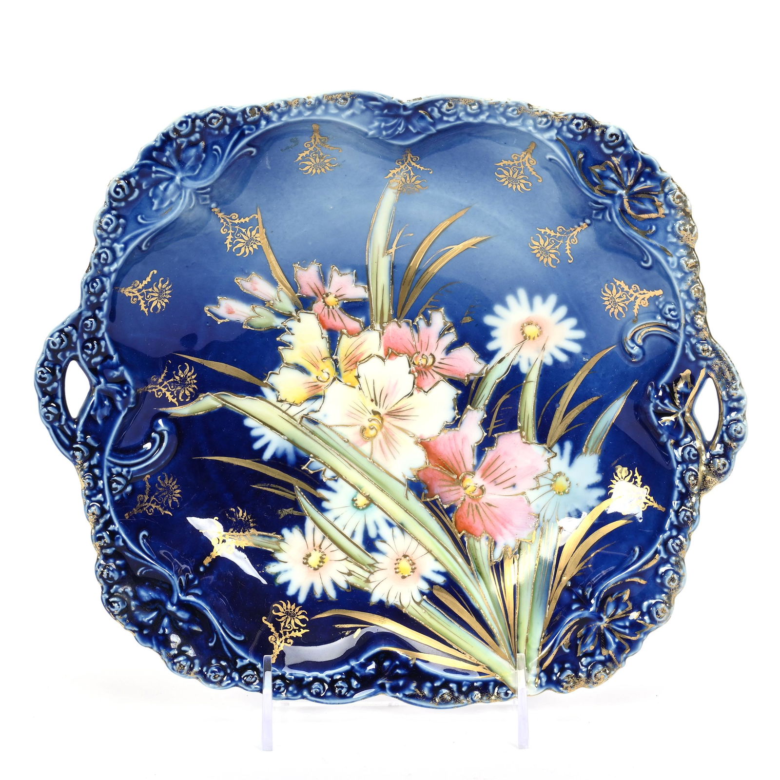 Square Cake Plate, Unmarked Prussia, Rosebud Mold (1 of 2)