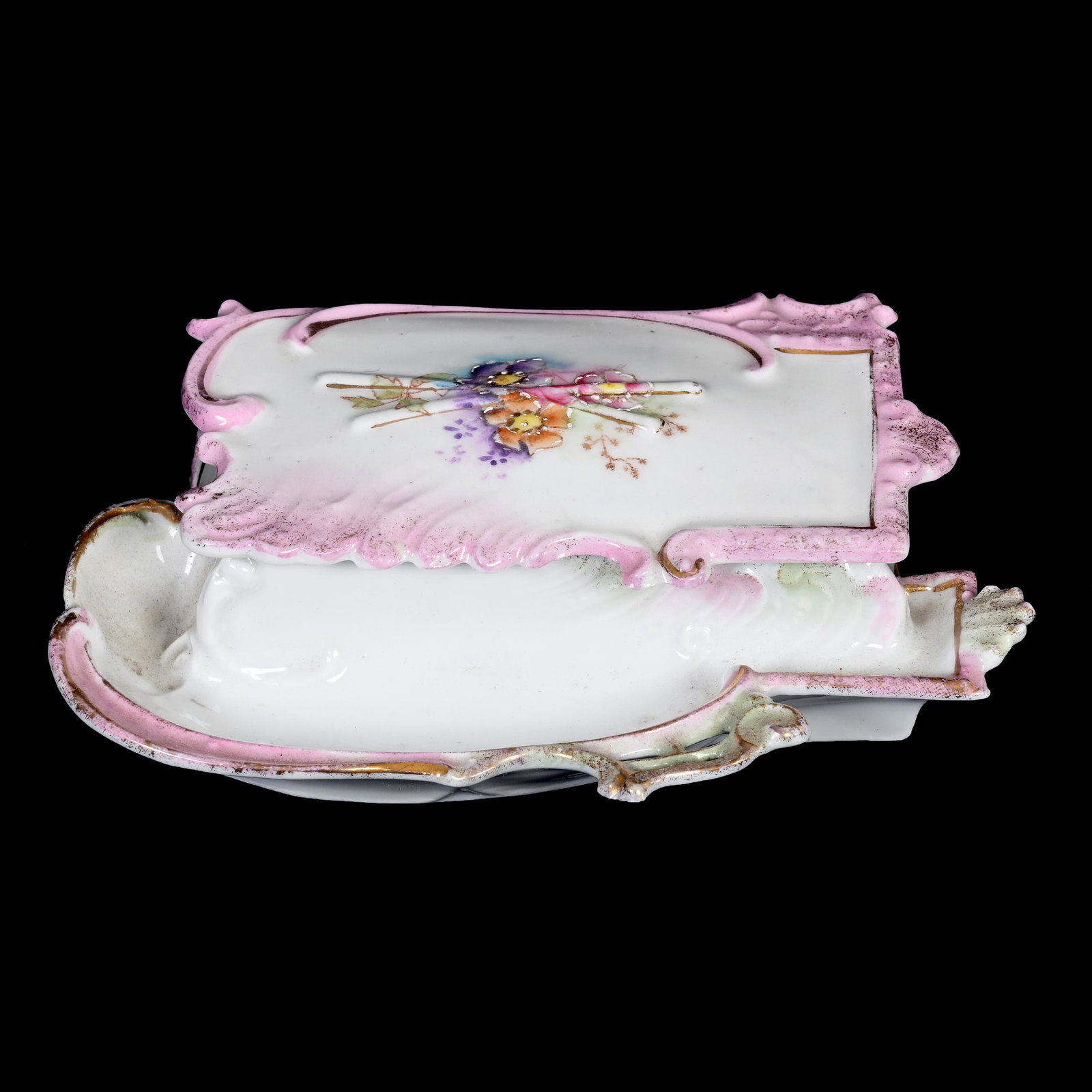 Match Box/Striker Under Lid, Attached Tray: Match Box/Striker Under Lid, Attached Tray, 5.25" x 3.25", Unmarked Prussia, Pink, Green And White Tones, Floral Decor, Carol & Lee Maple Collection, CA