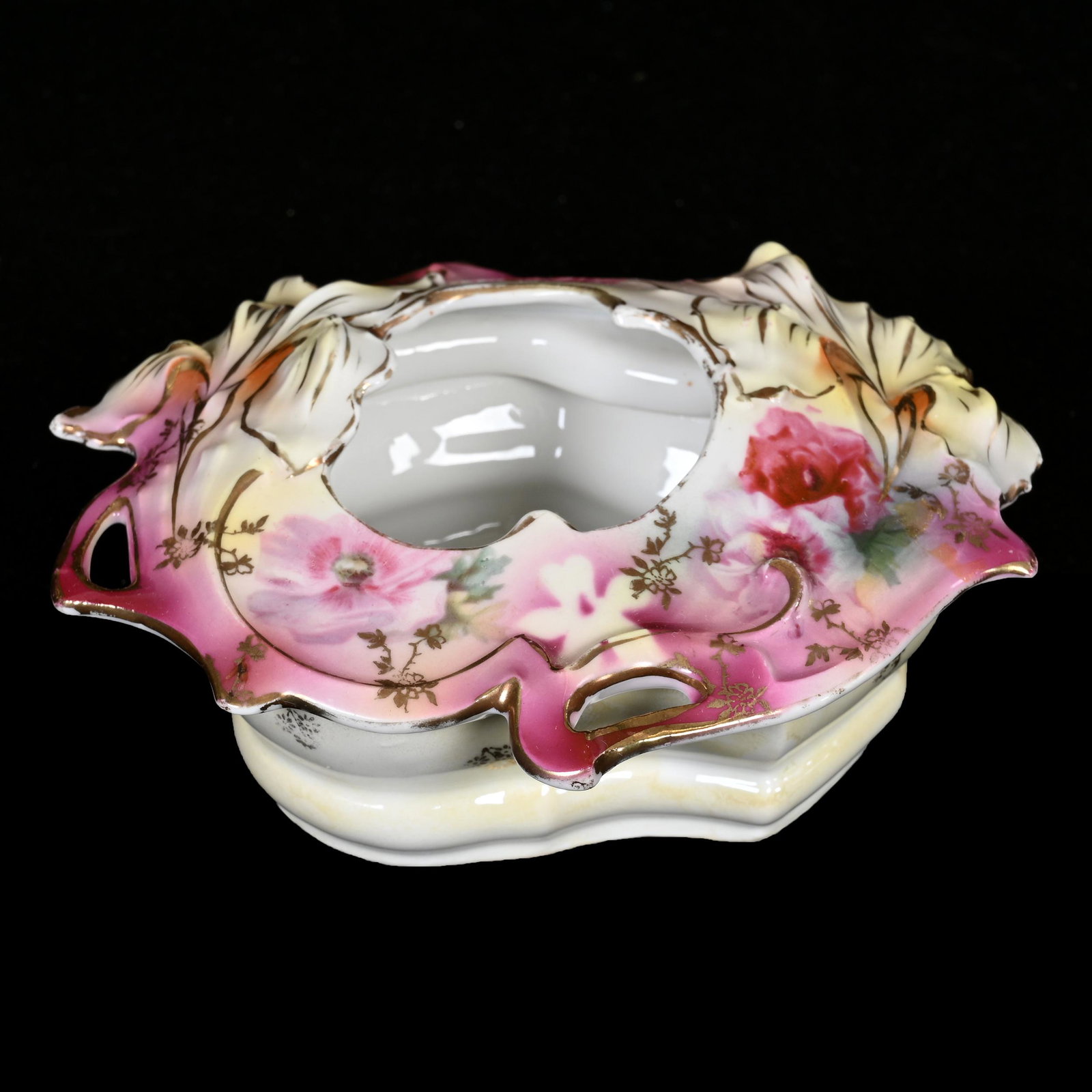 Hair Receiver Marked R.S. Prussia, Iris Mold: Hair Receiver Marked R.S. Prussia, Iris Mold, 5.25", Pink And Yellow Tones, Pink Floral Decor, Carol & Lee Maple Collection, CA