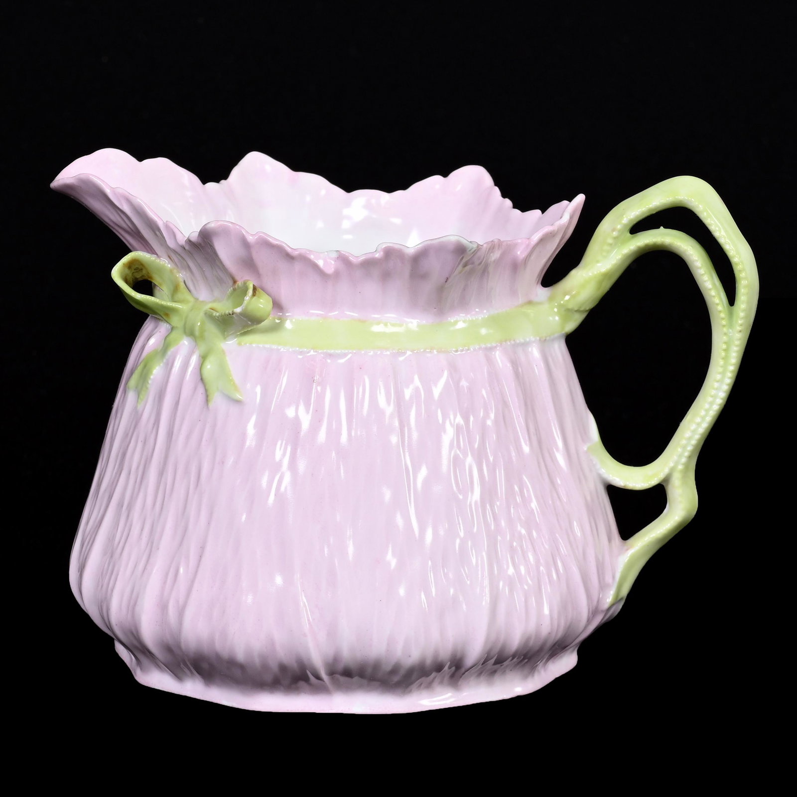 Pitcher, Unmarked Prussia, Bowtie Mold: Pitcher, Unmarked Prussia, Bowtie Mold, 5" x 7", Pink With Green Ribbon, Nick On Edge Of Bowtie, Carol & Lee Maple Collection, CA