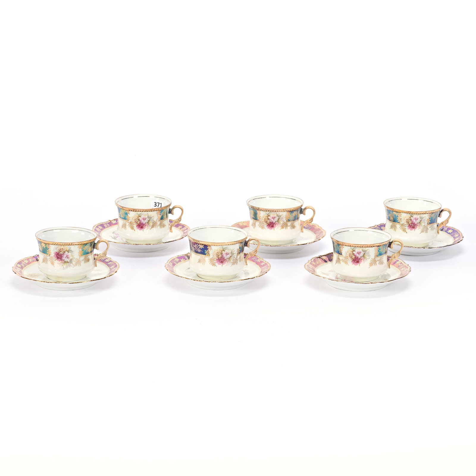 (6) Cups & Saucers, Unmarked Prussia: (6) Cups & Saucers, Unmarked Prussia, 2.5" x 5.25", White And Yellow Tones, Floral Decor, Iridescent Tiffany Border With Gold Stencil Highlights, Nice Set, Carol & Lee Maple Collection, CA