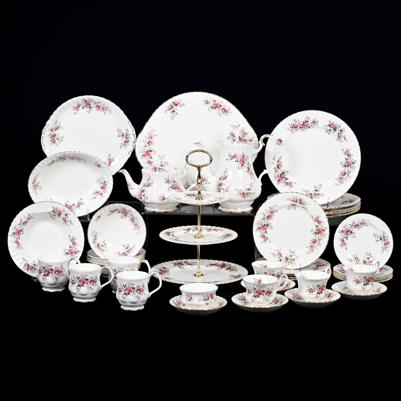 Dinnerware Marked Royal Albert Bone China, 35+ Pieces: Dinnerware Marked Royal Albert Bone China, 35+ Pieces, Lavender Rose Pattern, Circa 1961, (38) Piece Collection Includes (1) 10" Coffee Pot, (4) Coffee Cups, (1) 6" Tea Pot, (4) Teacups, (1) Three Tie