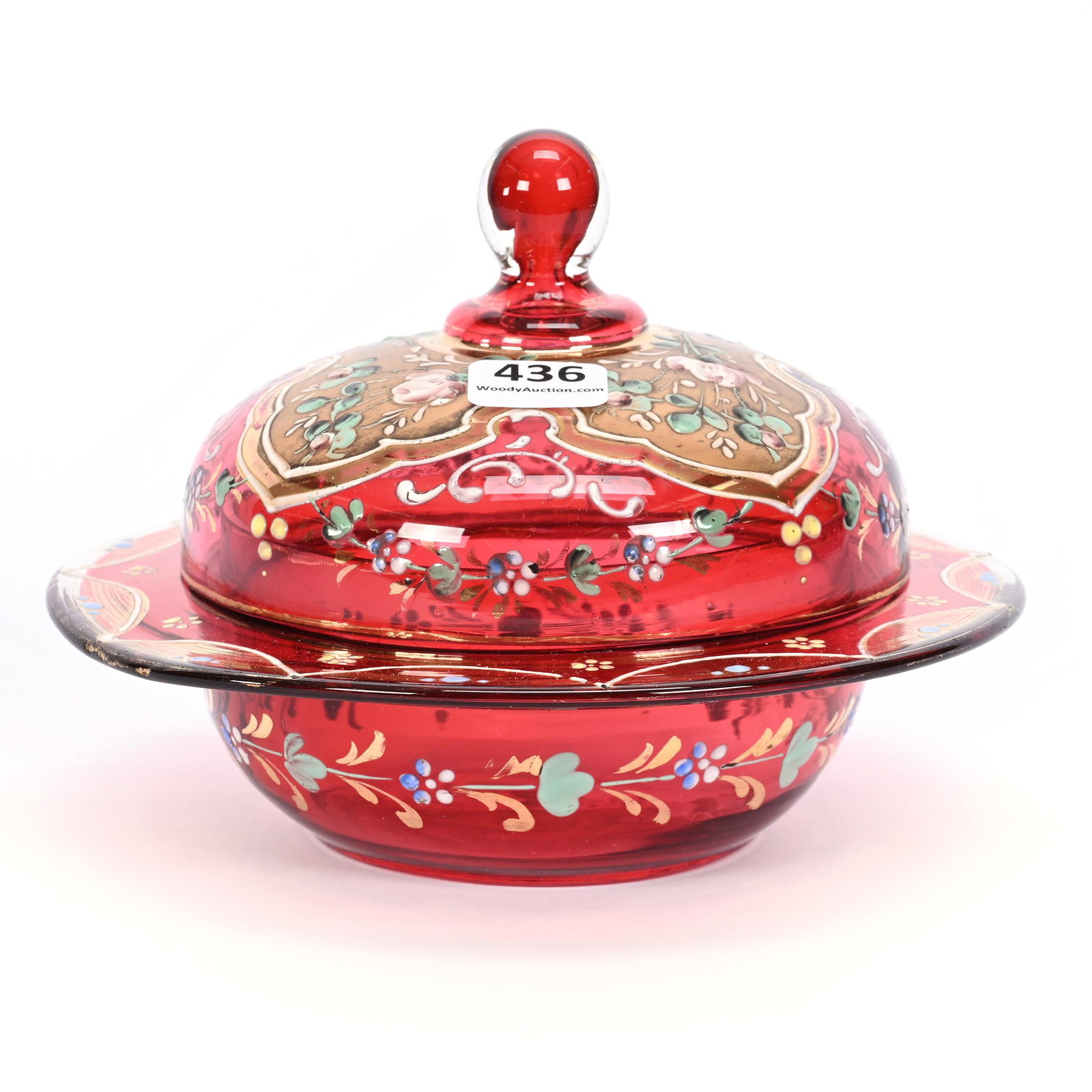 Butterdish, Cranberry Art Glass: Butterdish, Cranberry Art Glass, 4.5" x 6.5", Enamel Floral Decor, Interior Rim Nick Covered By Lid, Mary McCaslin Collection, Indiana