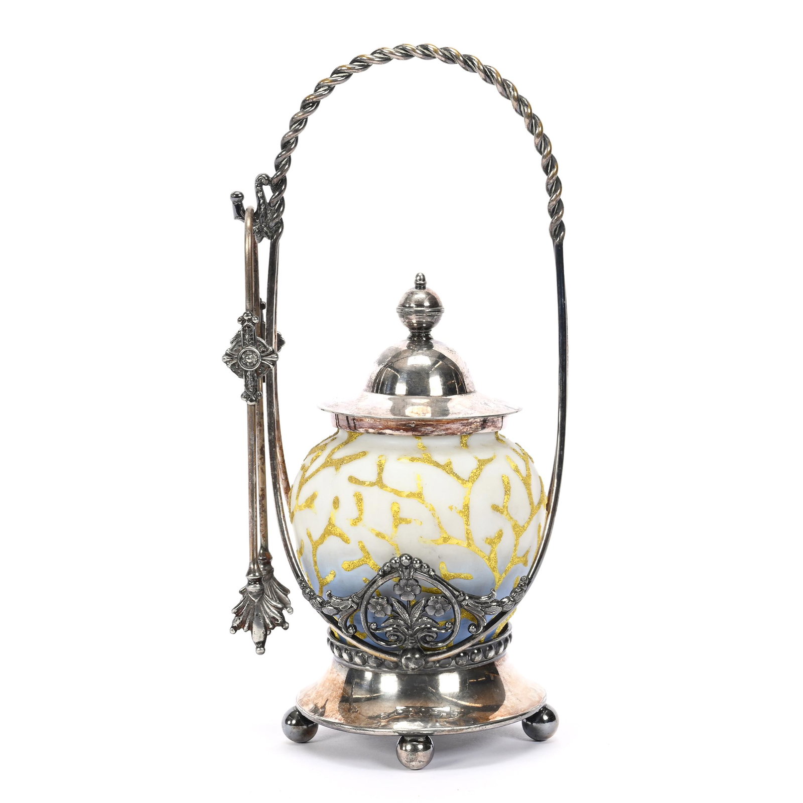 Victorian Pickle Castor: Victorian Pickle Castor, 10.25" x 4", Blue And White Bristol Art Glass Insert, Coralene Overlay, Set On Tufts #3623 Silverplate Frame, Interior Rim Chip On Insert, Ron Blessing Estate