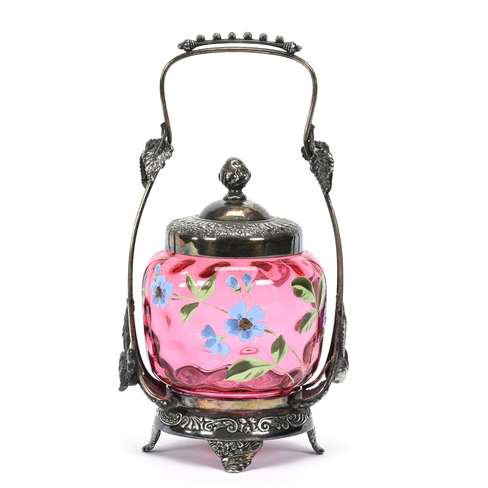 Victorian Pickle Castor: Victorian Pickle Castor, 9.75" x 5", Cranberry Art Glass Coinspot Insert, Enamel Floral Decor, Set On Pairpoint #666 Silverplate Frame, Ron Blessing Estate