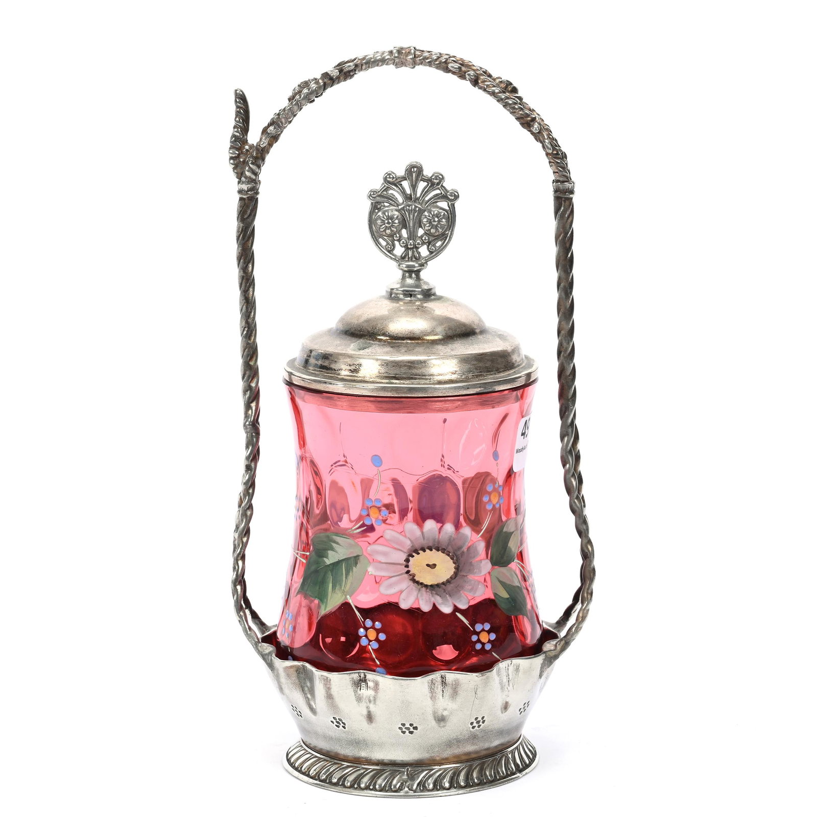 Victorian Pickle Castor: Victorian Pickle Castor, 9.25" x 4.5", Cranberry Art Glass Coinspot Insert, Enamel Floral Decor, Set On Osborn & Company #1720 Silverplate Frame, Ron Blessing Estate