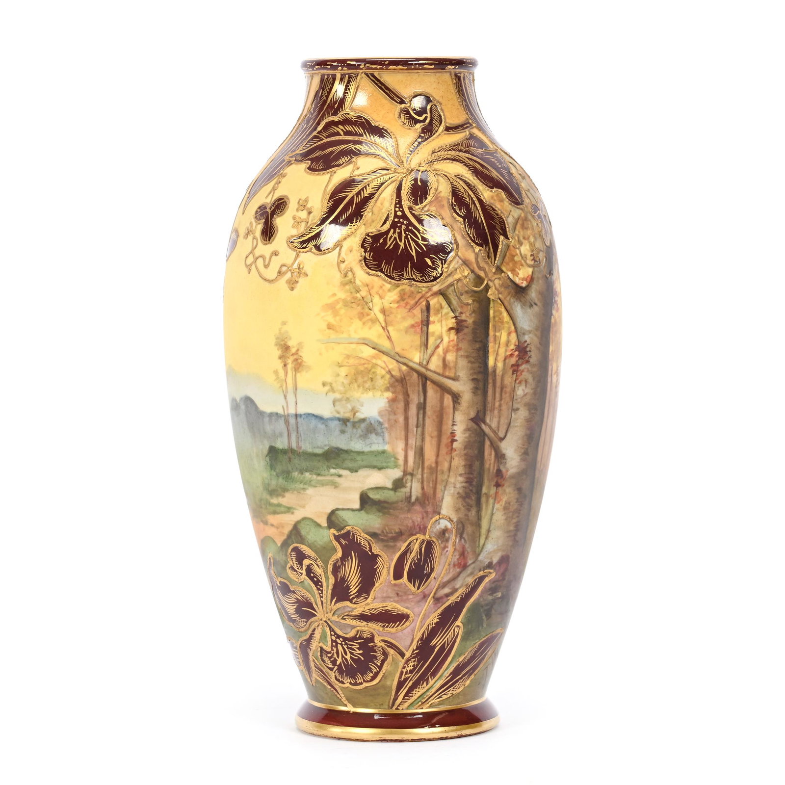 Vase Marked Royal Bonn: Vase Marked Royal Bonn, 9" x 4.25", Sunset, Lake And Trees Scenic Decor, Brown Floral Overlay Design, Gold Stencil Highlights, Artist Signed, Elfriede & Marvin Miller Estate