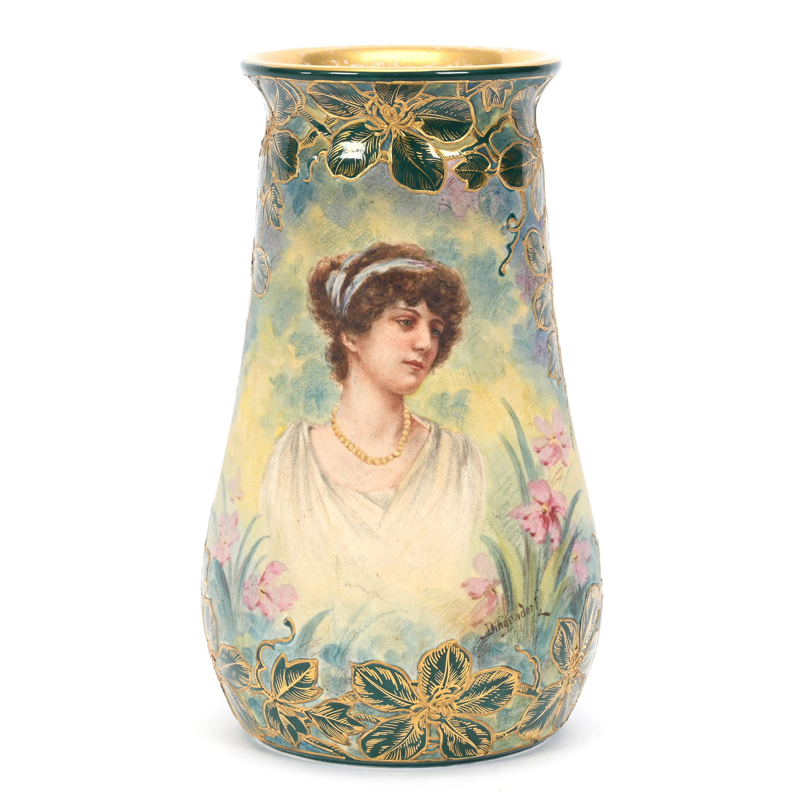 Vase Marked Royal Bonn: Vase Marked Royal Bonn, 8" x 4.5", Portrait Of Young Woman, Matte Finish Ground, Green Floral Blossom Overlay, Gold Stencil Highlights, Artist Signed Bingenborf, Elfriede & Marvin Miller Estate