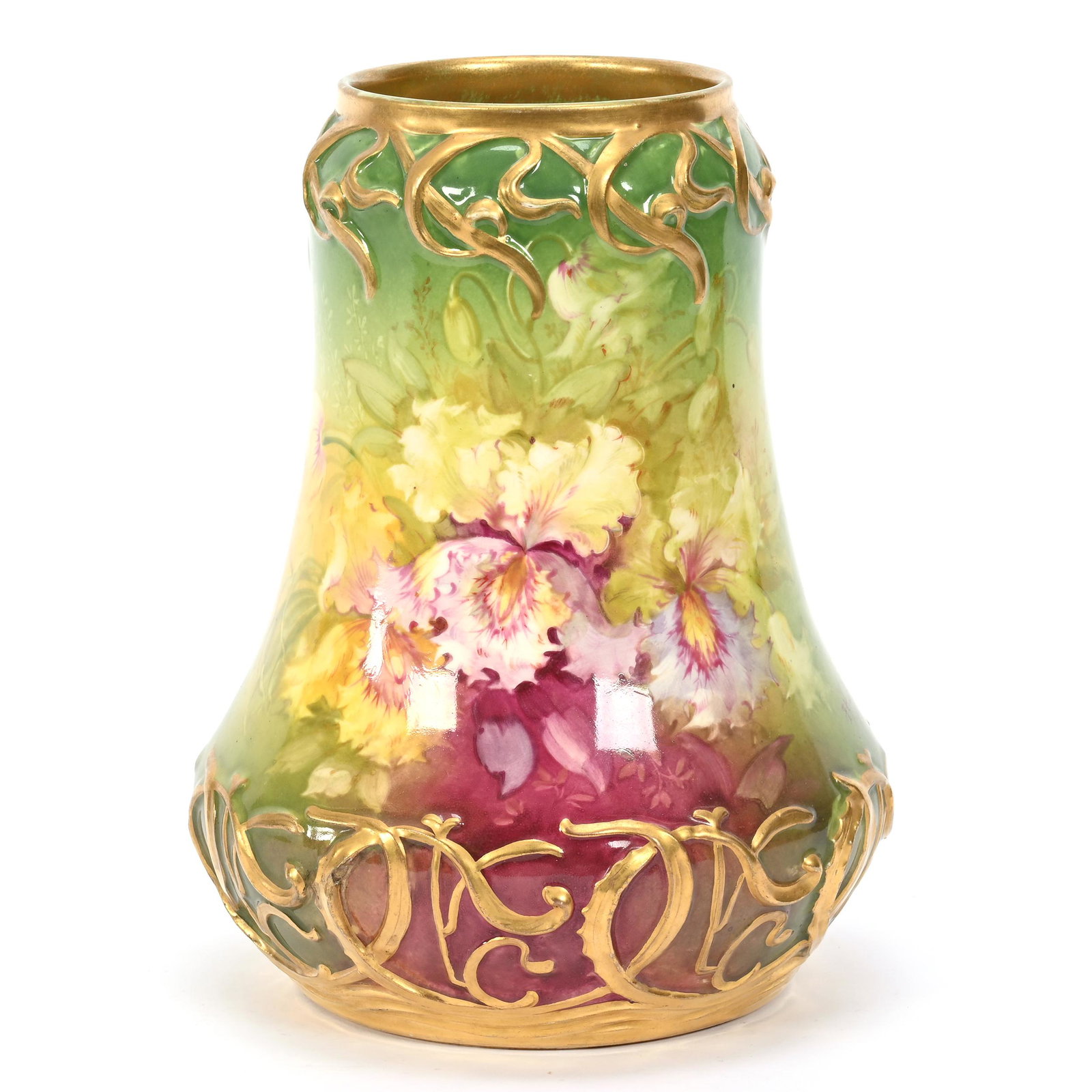 Vase Marked Royal Bonn: Vase Marked Royal Bonn, 10.25" x 7.5", Green Tones, Floral Decor, Gold Trim Highlights, Artist Signed, Elfriede & Marvin Miller Estate