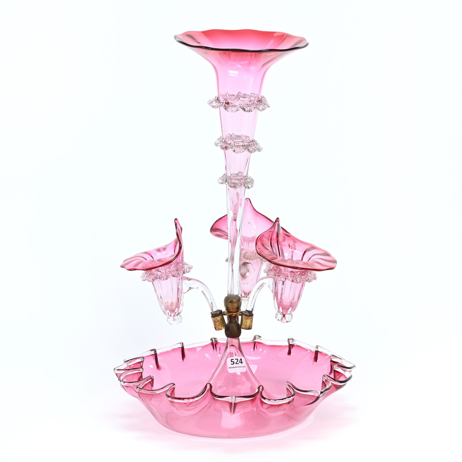 Epergne, Four Lily, Rubina Art Glass: Epergne, Four Lily, Rubina Art Glass, 17" x 11", Clear Applied Rigoree, Bowl Has Sizable Interior Point Chip, Elfriede & Marvin Miller Estate