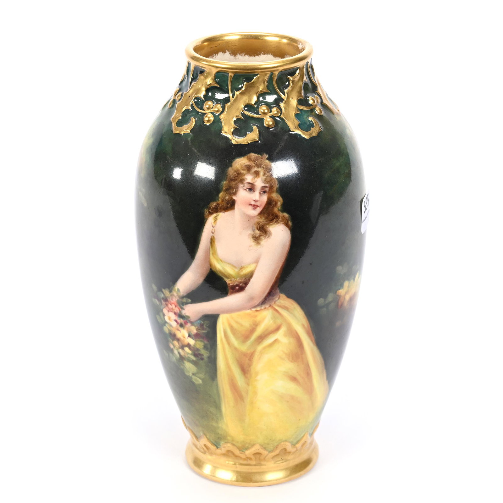 Vase Marked Royal Bonn: Vase Marked Royal Bonn, 8.75" x 4.25", Green Tones With Scene Of Young Woman In Yellow Dress, Gold Trim Highlights, Artist Signed, Elfriede & Marvin Miller Estate
