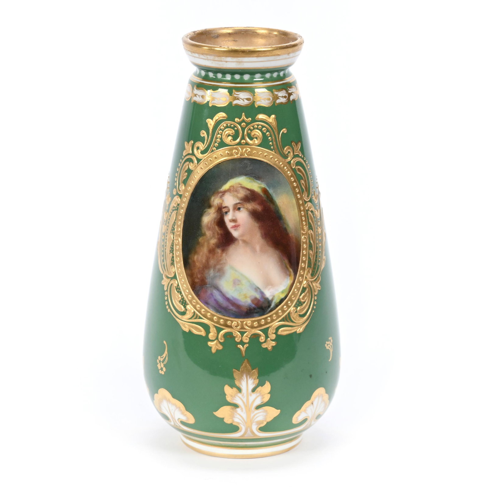 Vase Marked Royal Bonn: Vase Marked Royal Bonn, 7.75" x 3.5", Green With Medallion Portrait Of Young Woman, Gold Trim Highlights, Elfriede & Marvin Miller Estate