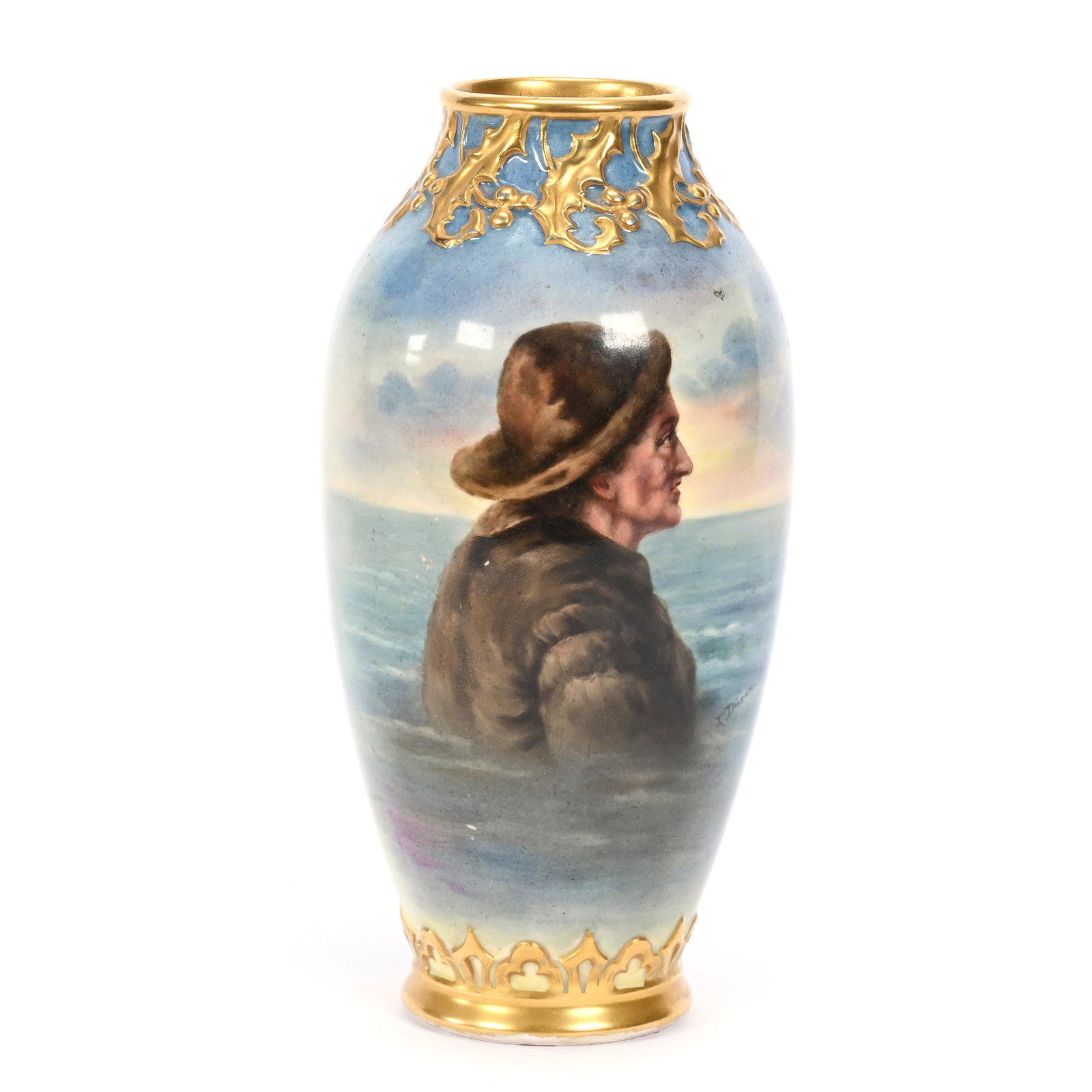 Vase Marked Royal Bonn: Vase Marked Royal Bonn, 8.75" x 4.25", Ocean Scene With Old Sailor, Gold Trim Highlights, Artist Signed, Elfriede & Marvin Miller Estate