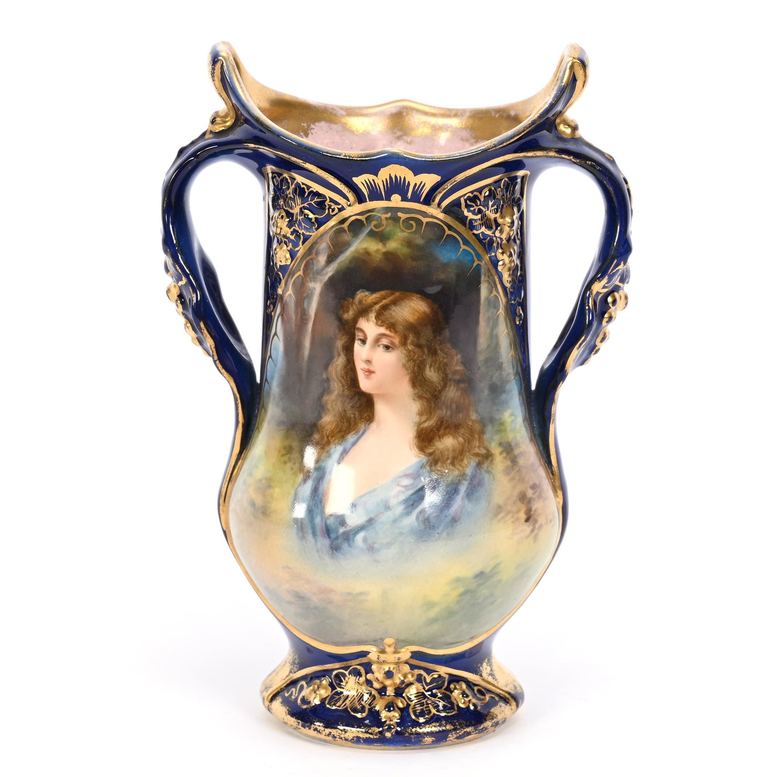 Vase Marked Royal Bonn, Two Handles: Vase Marked Royal Bonn, Two Handles, 8.25" x 5.5", Cobalt Blue Border, Portrait Of Young Woman, Gold Trim Highlights, Artist Signed, Elfriede & Marvin Miller Estate