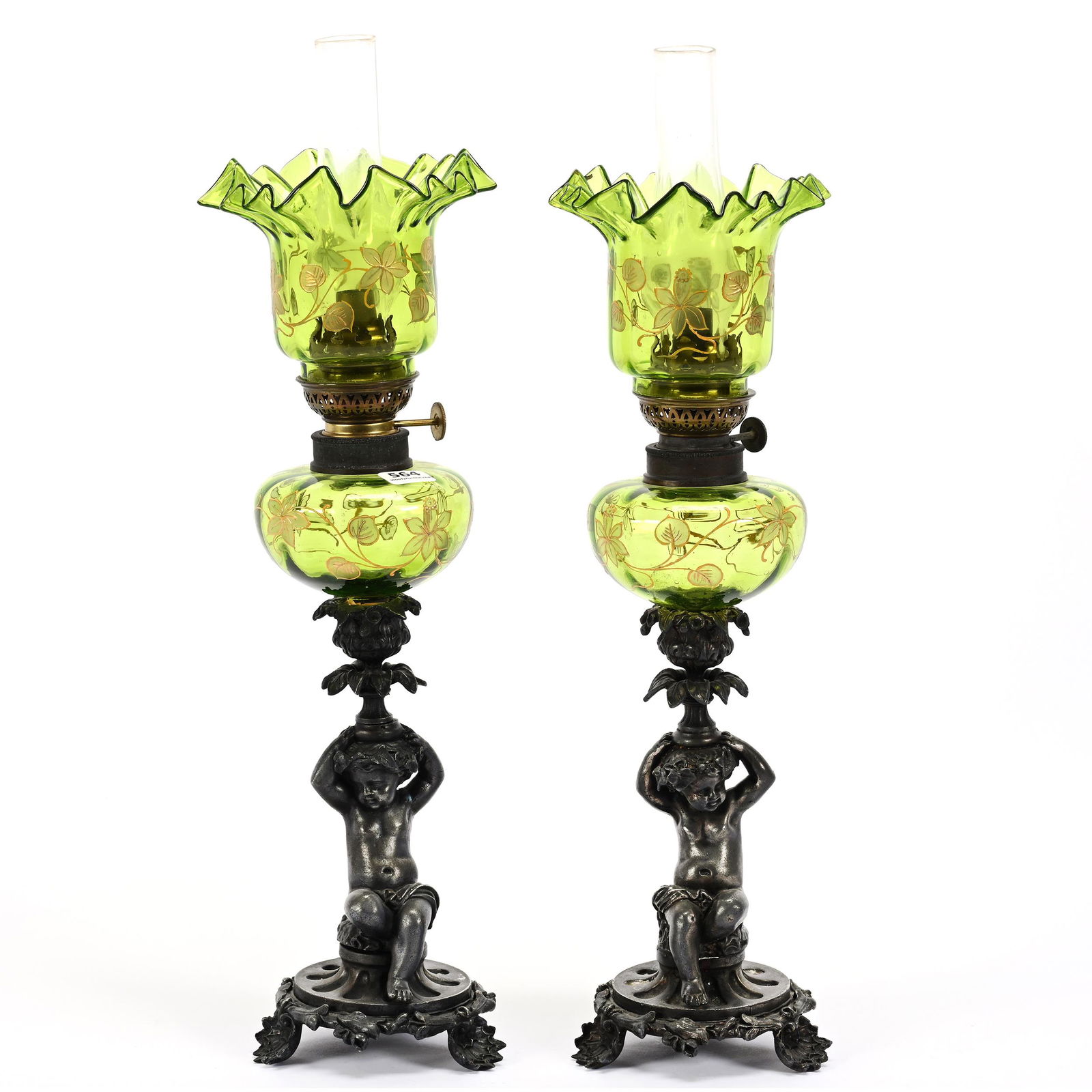 Pair Peg Lamps, Green Art Glass (1 of 4)