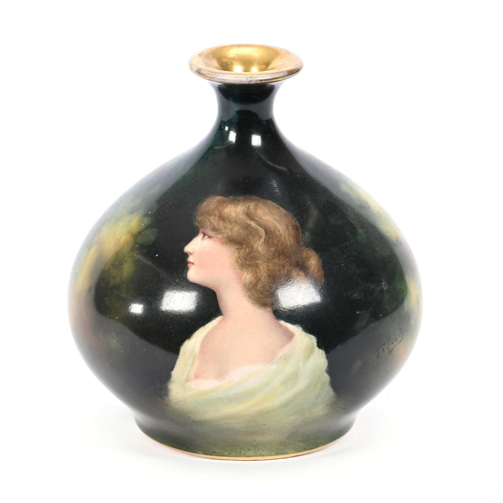 Vase Marked Royal Bonn: Vase Marked Royal Bonn, 5.5" x 5", Green And Yellow Tones, Portrait Of Young Woman, Artist Signed, Elfriede & Marvin Miller Estate