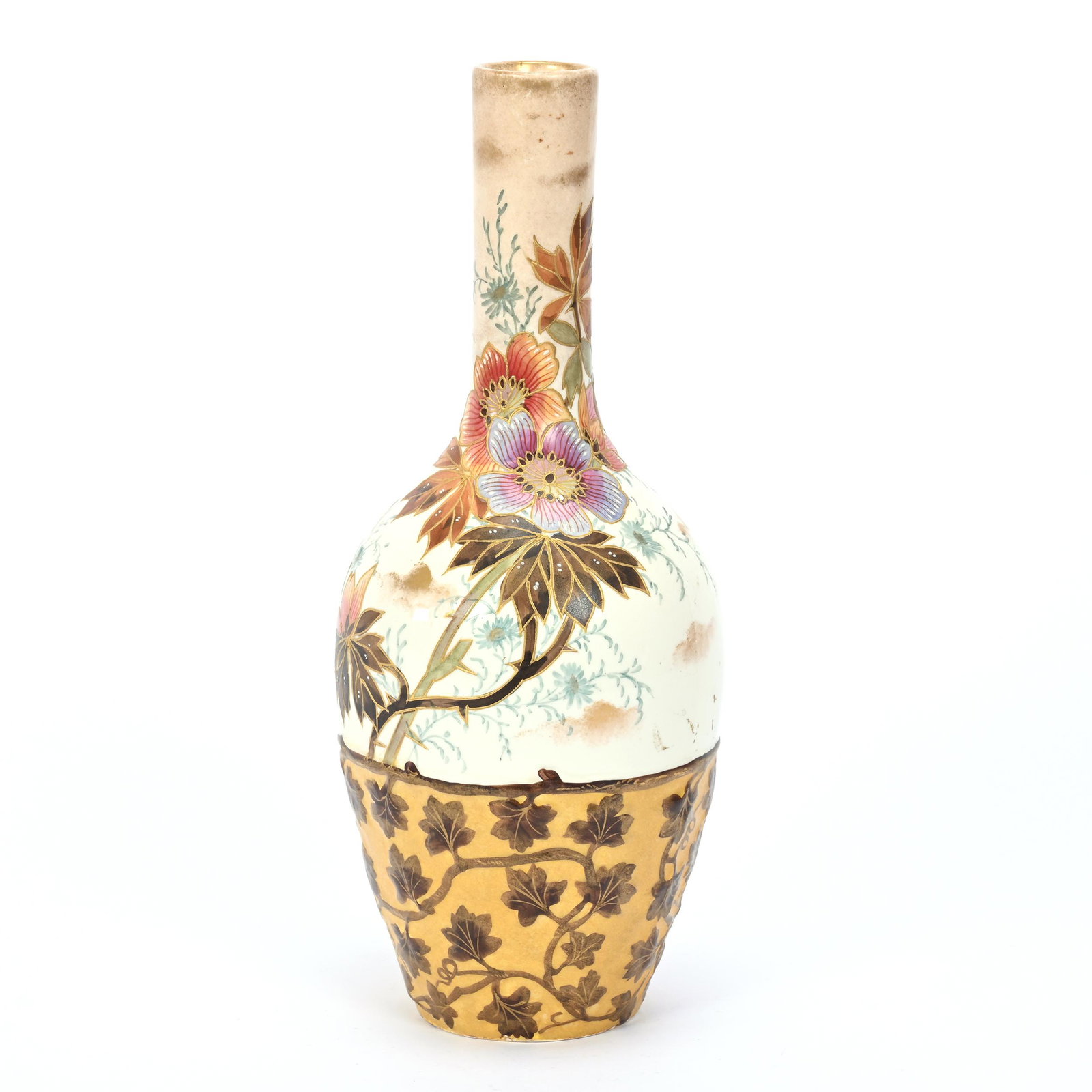 Vase Marked Royal Bonn: Vase Marked Royal Bonn, 12.25" x 4.5", Cream Tones, Embossed Vine Mold, Colorful Floral Decor, Elfriede & Marvin Miller Estate